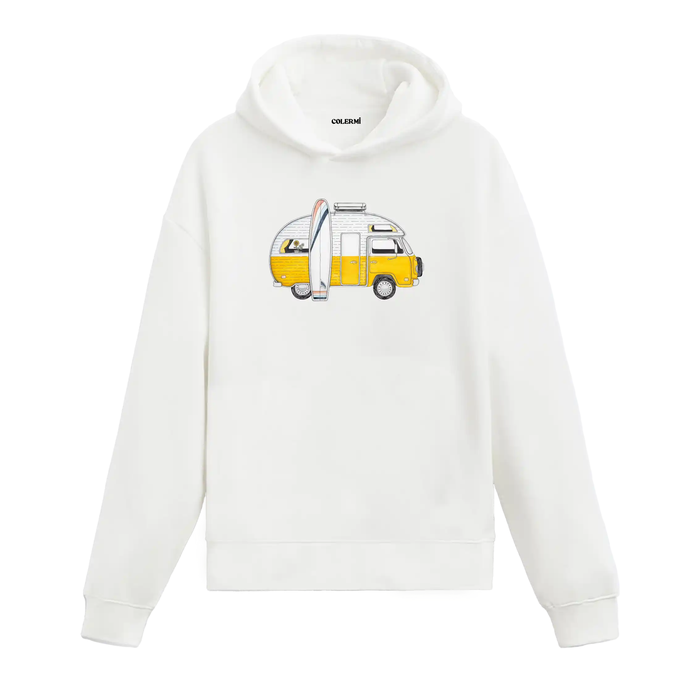 Sarı karavan ve sörf tahtası illüstrasyonlu Colermi beyaz hoodie.
