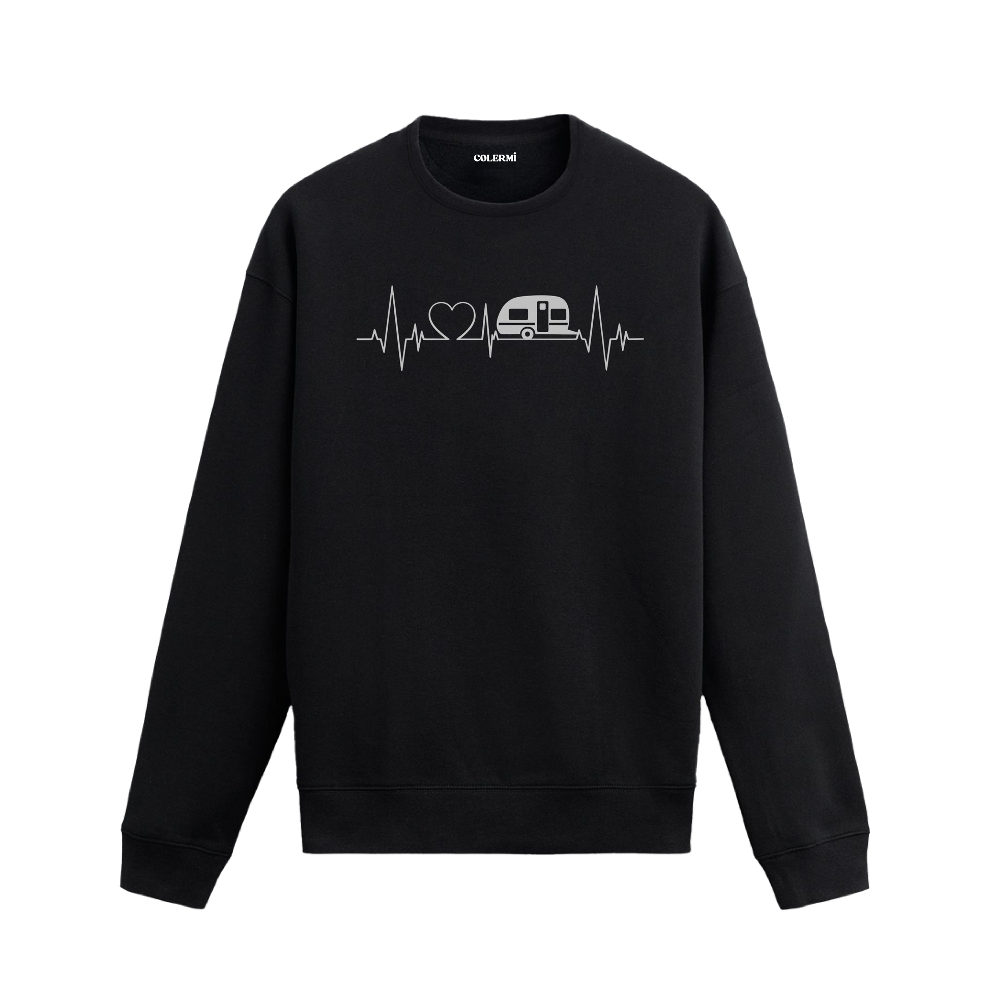 Kalp sembolü ve karavan figürüyle EKG çizgisine entegre edilmiş Colermi sweatshirt.