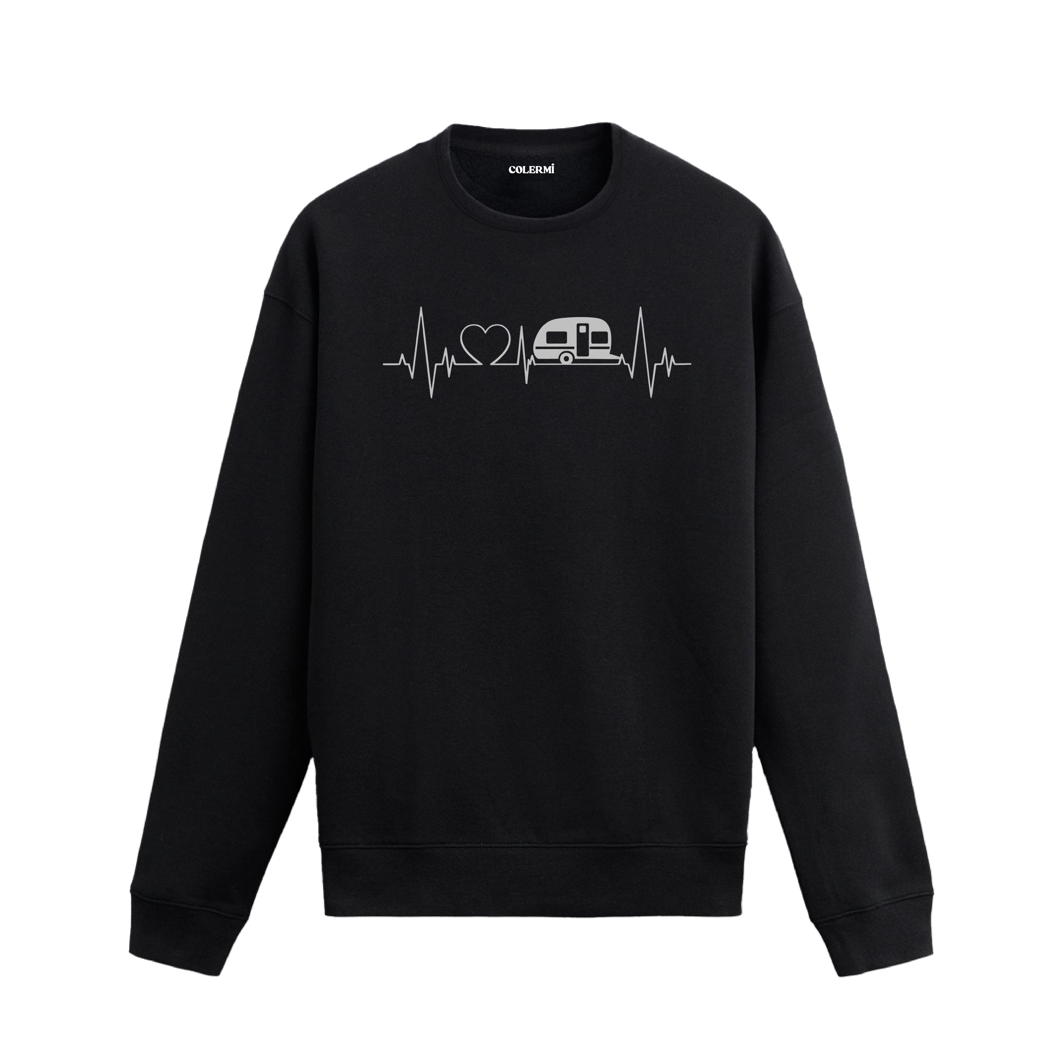 Kalp sembolü ve karavan figürüyle EKG çizgisine entegre edilmiş Colermi sweatshirt.