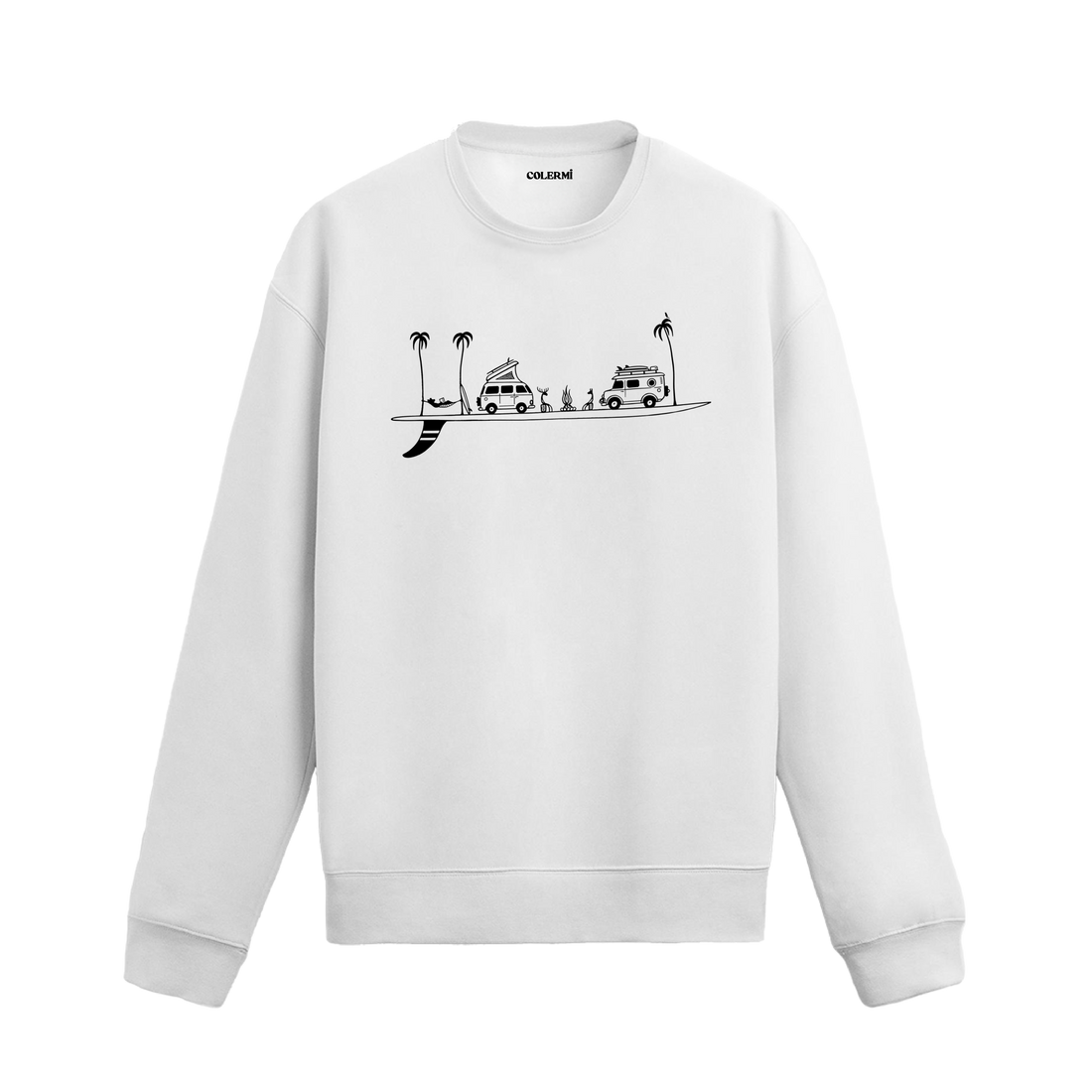 Karavan, kamp ateşi, hamak ve palmiye figürlü Colermi sweatshirt.