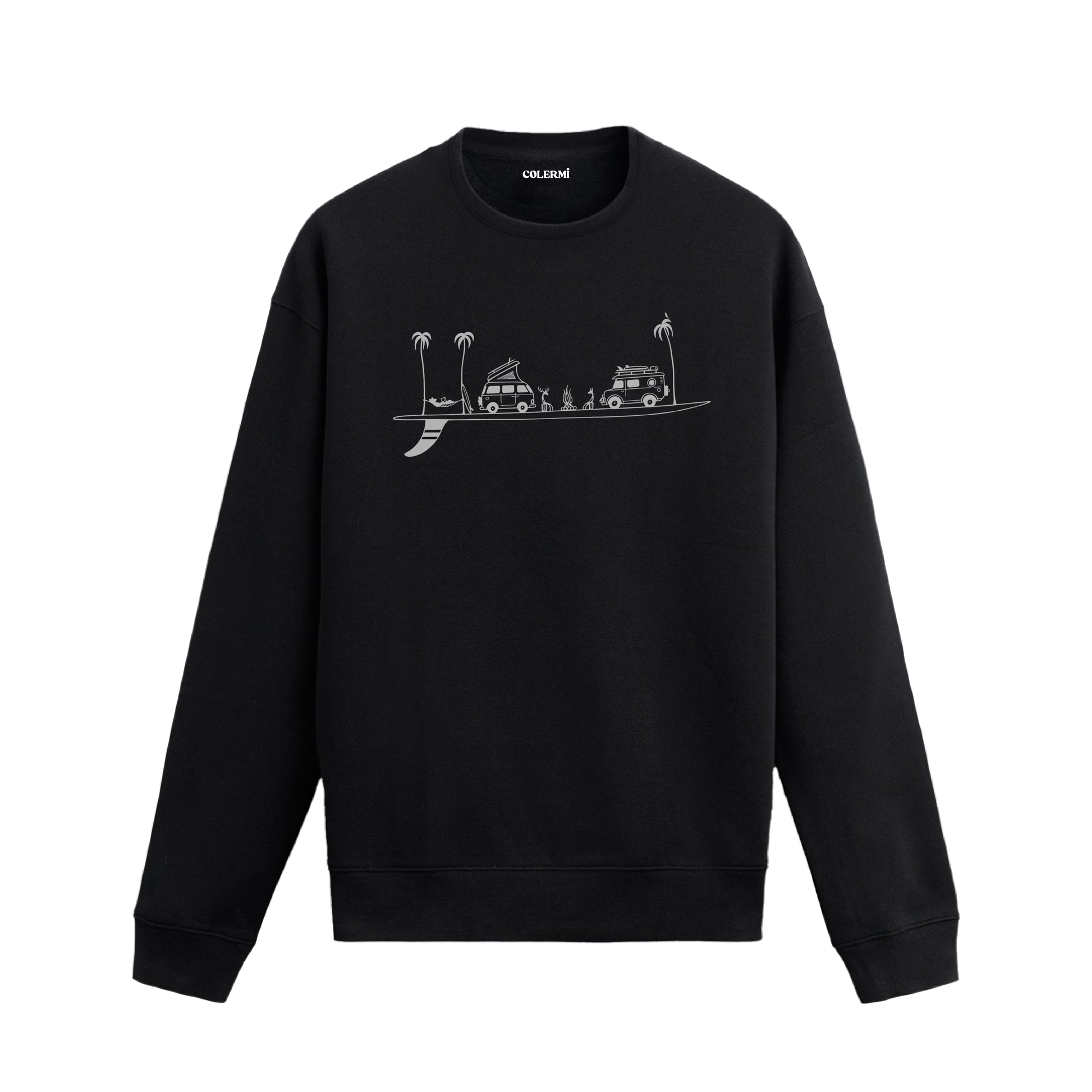 Karavan, kamp ateşi, hamak ve palmiye figürlü Colermi sweatshirt.