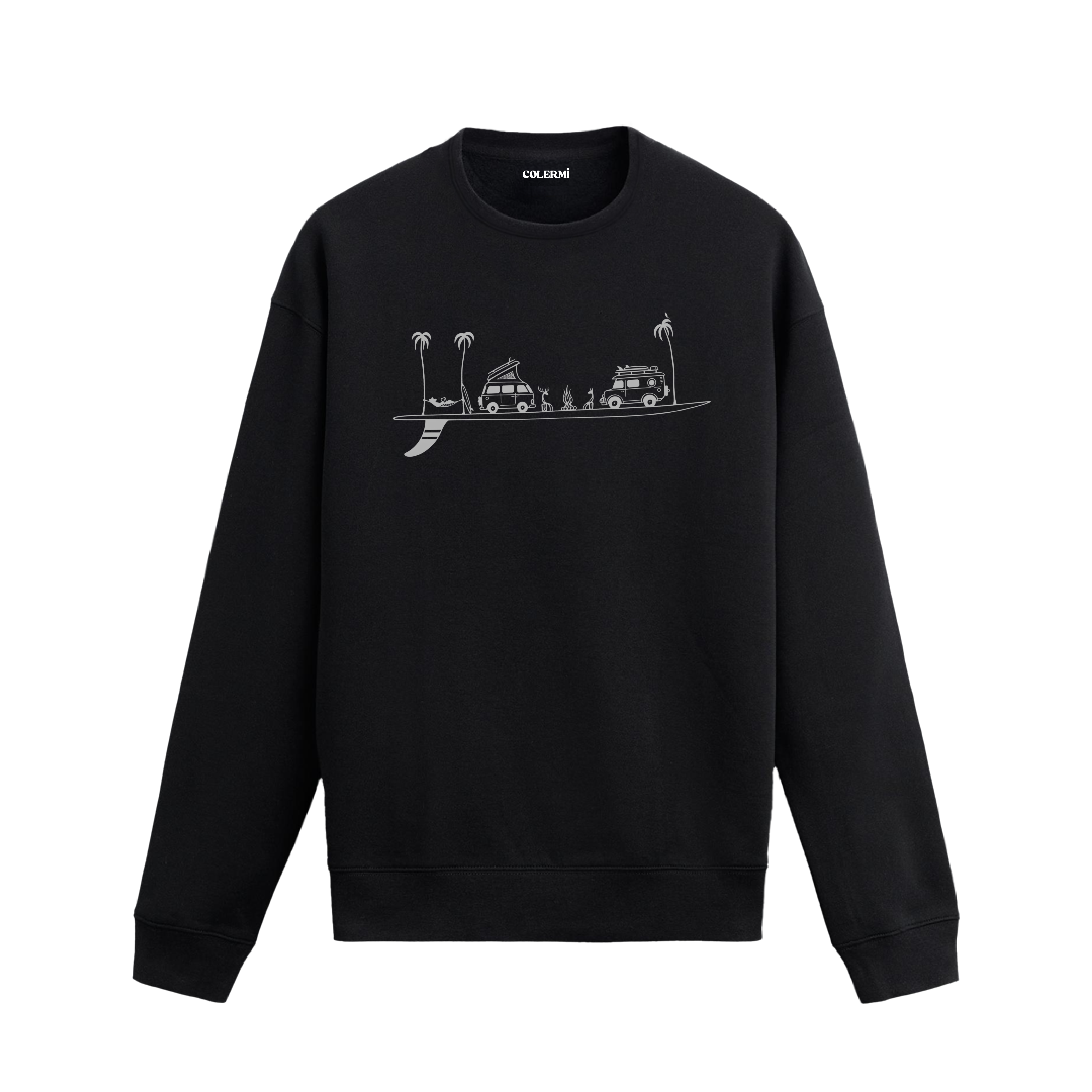 Karavan, kamp ateşi, hamak ve palmiye figürlü Colermi sweatshirt.