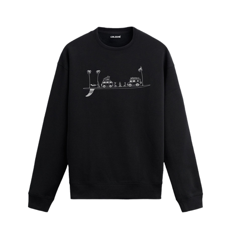 Karavan, kamp ateşi, hamak ve palmiye figürlü Colermi sweatshirt.