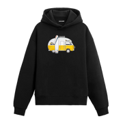 Sarı karavan ve sörf tahtası illüstrasyonlu Colermi siyah hoodie.
