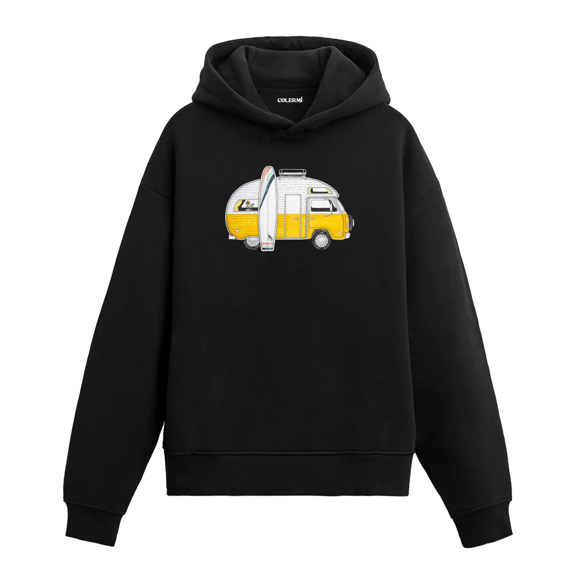 Sarı karavan ve sörf tahtası illüstrasyonlu Colermi siyah hoodie.