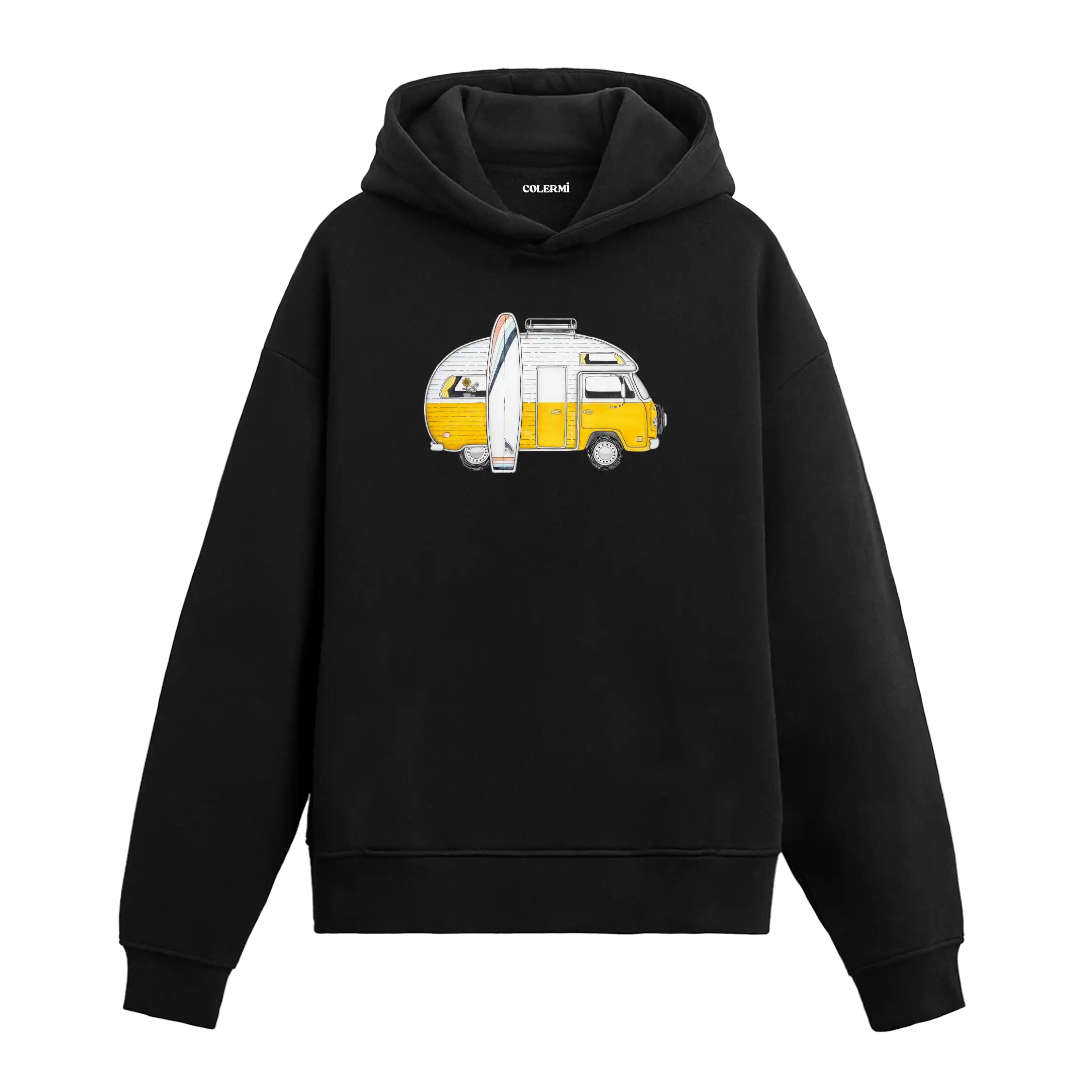Sarı karavan ve sörf tahtası illüstrasyonlu Colermi siyah hoodie.