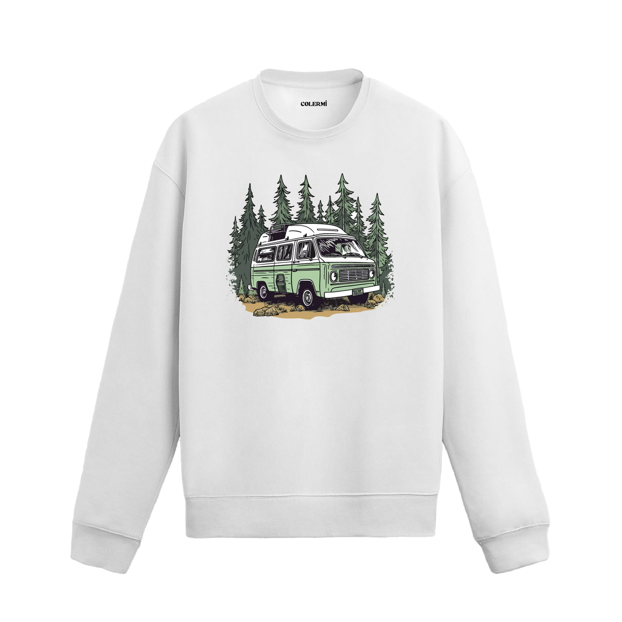 Orman manzaralı karavan tasarımlı beyaz sweatshirt.