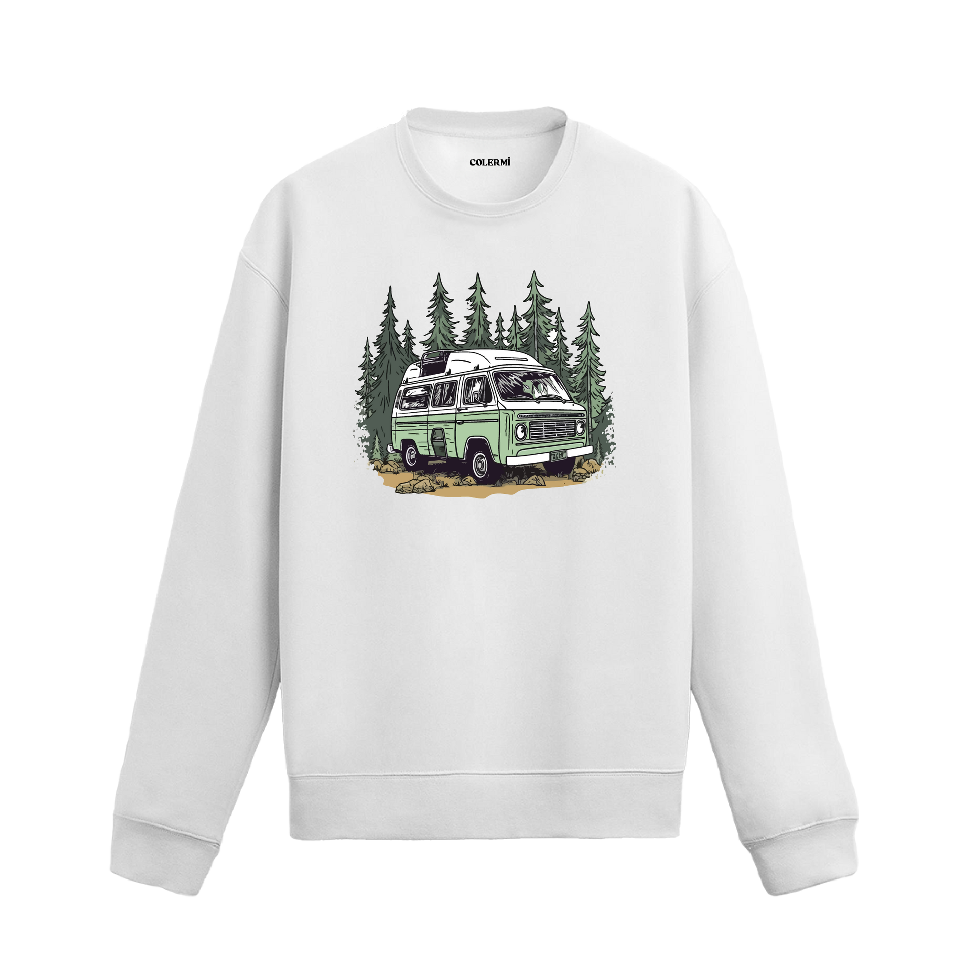 Orman manzaralı karavan tasarımlı beyaz sweatshirt.