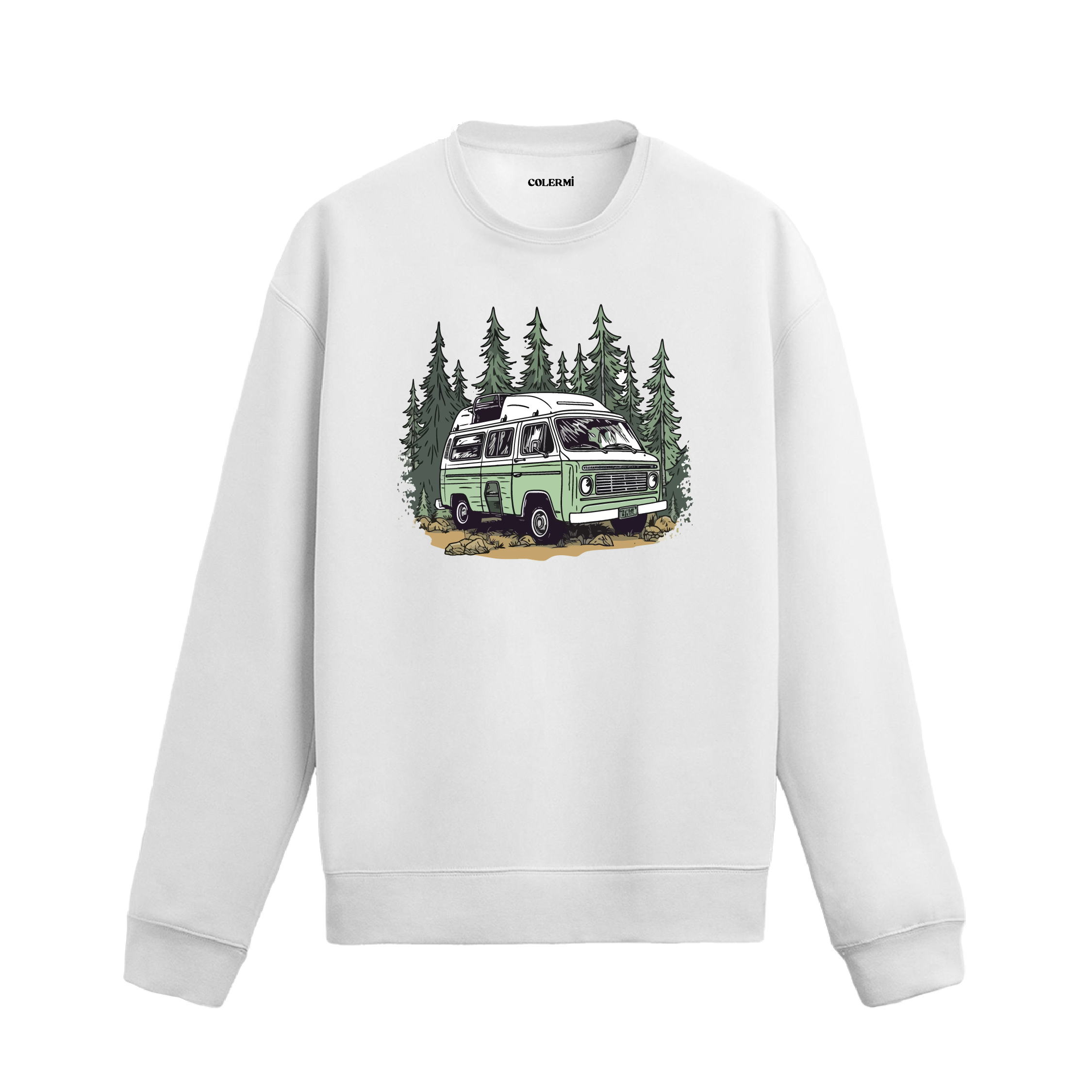 Orman manzaralı karavan tasarımlı beyaz sweatshirt.