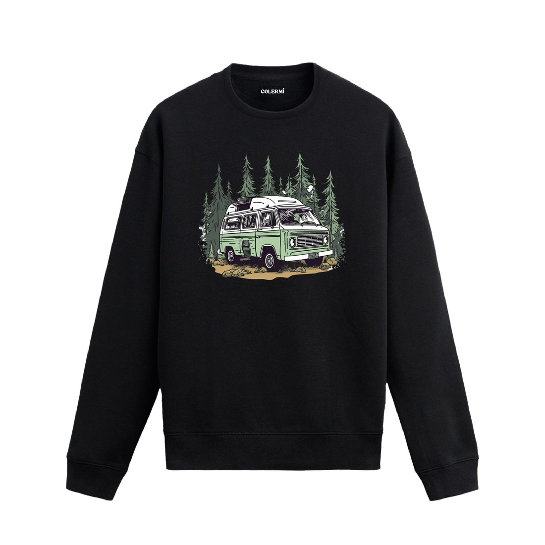Orman manzaralı karavan tasarımlı siyah sweatshirt.