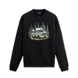 Orman manzaralı karavan tasarımlı siyah sweatshirt.