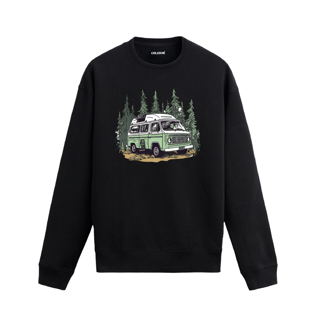 Orman manzaralı karavan tasarımlı siyah sweatshirt.