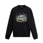 Orman manzaralı karavan tasarımlı siyah sweatshirt.