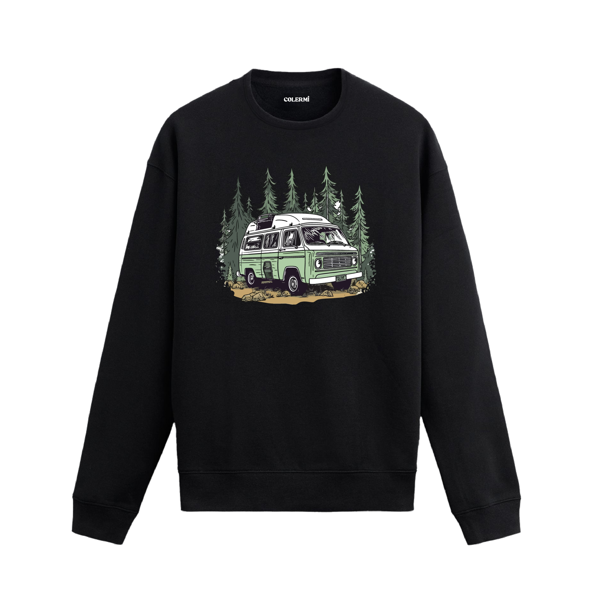 Orman manzaralı karavan tasarımlı siyah sweatshirt.