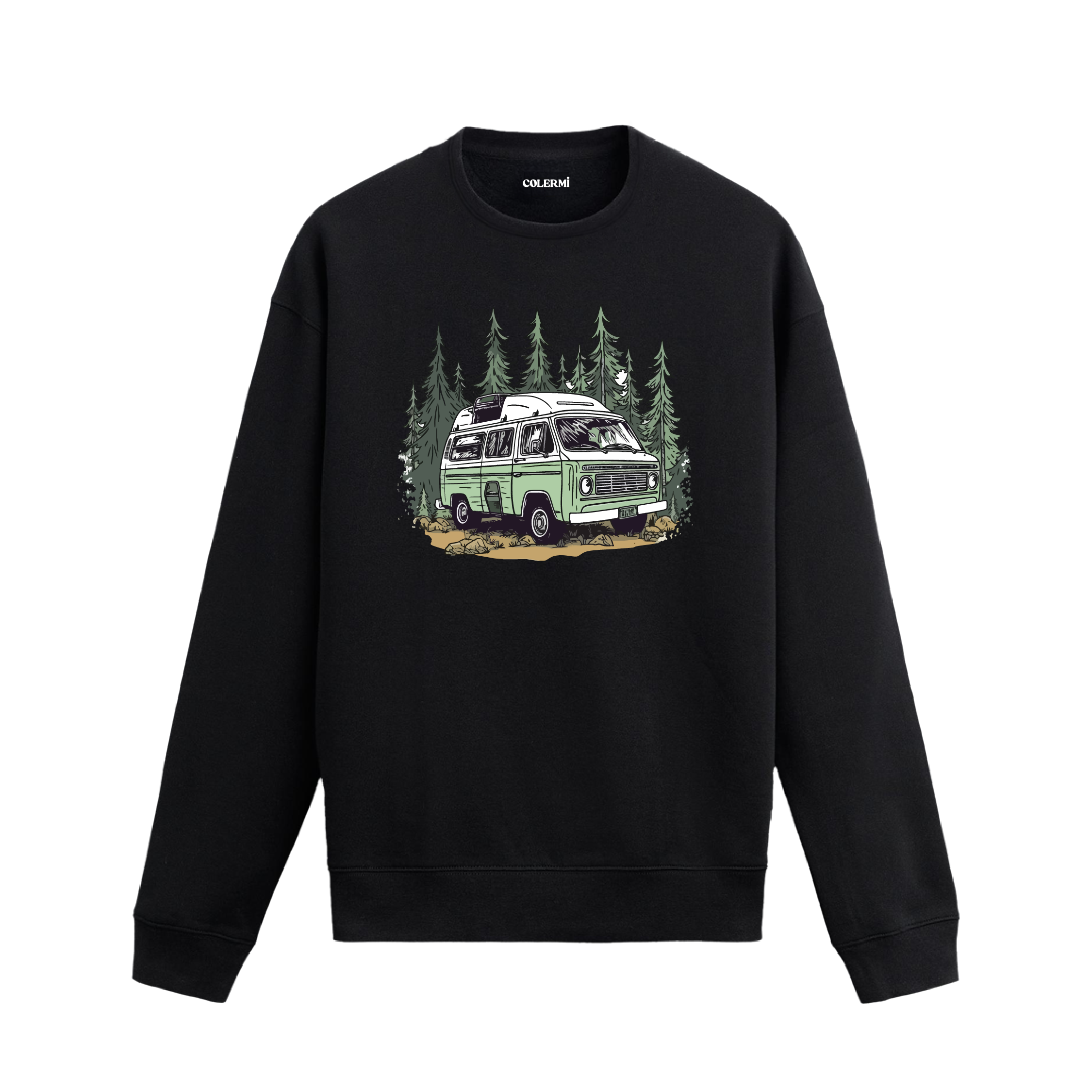 Orman manzaralı karavan tasarımlı siyah sweatshirt.