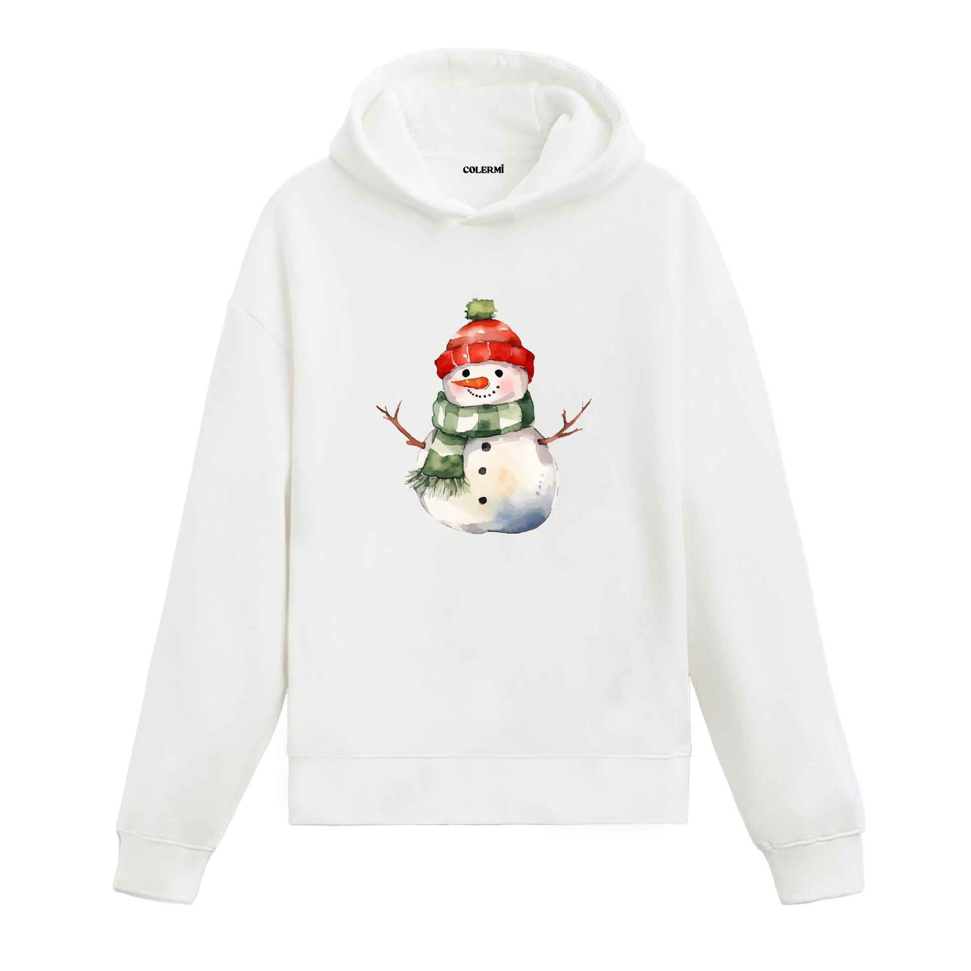 Beyaz hoodie, atkılı ve bereli kardan adam baskısı, pamuklu unisex hoodie