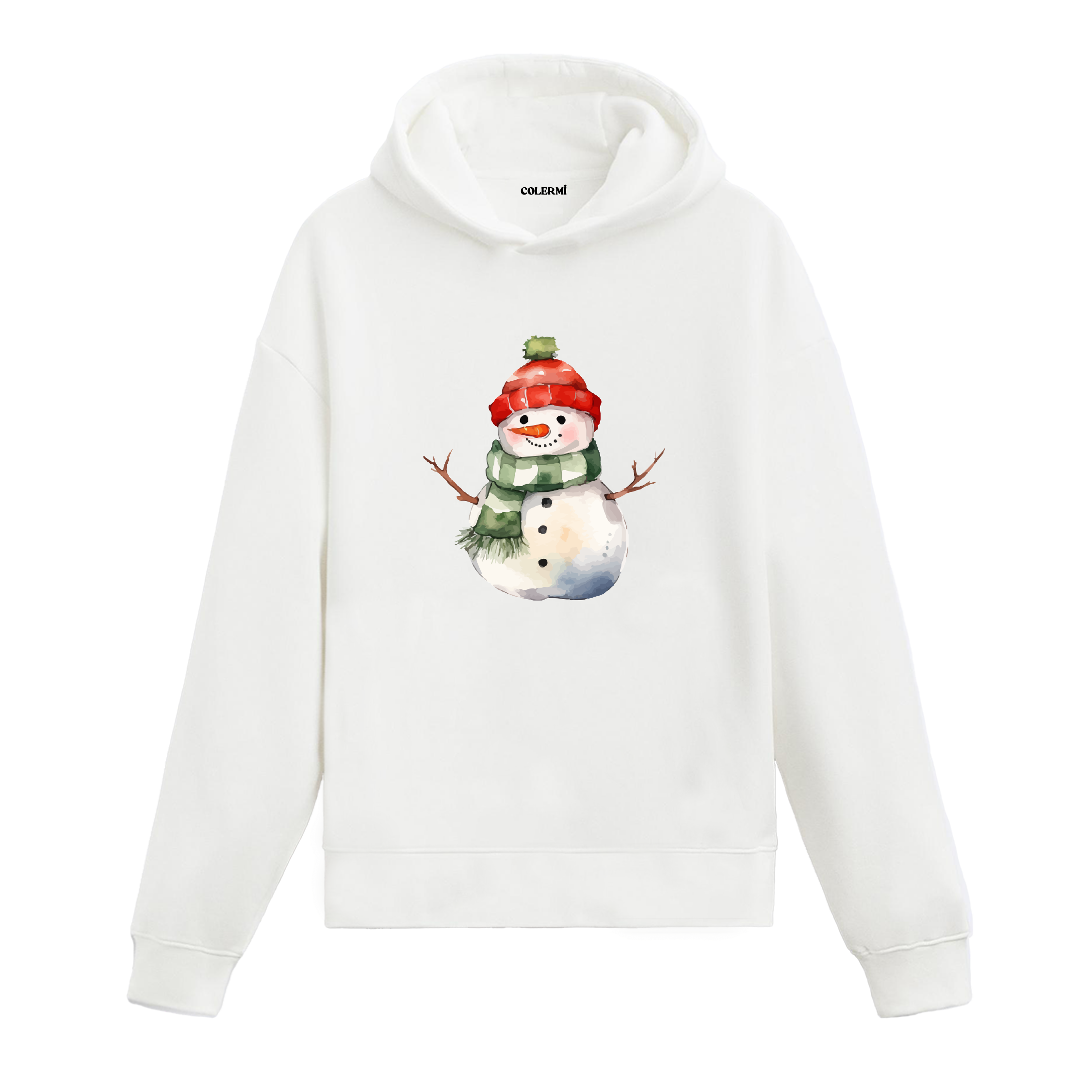 Beyaz hoodie, atkılı ve bereli kardan adam baskısı, pamuklu unisex hoodie