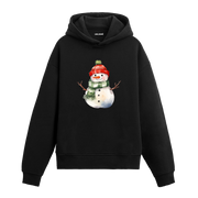Siyah hoodie, kırmızı bere ve yeşil atkılı kardan adam baskısı, pamuklu unisex hoodie