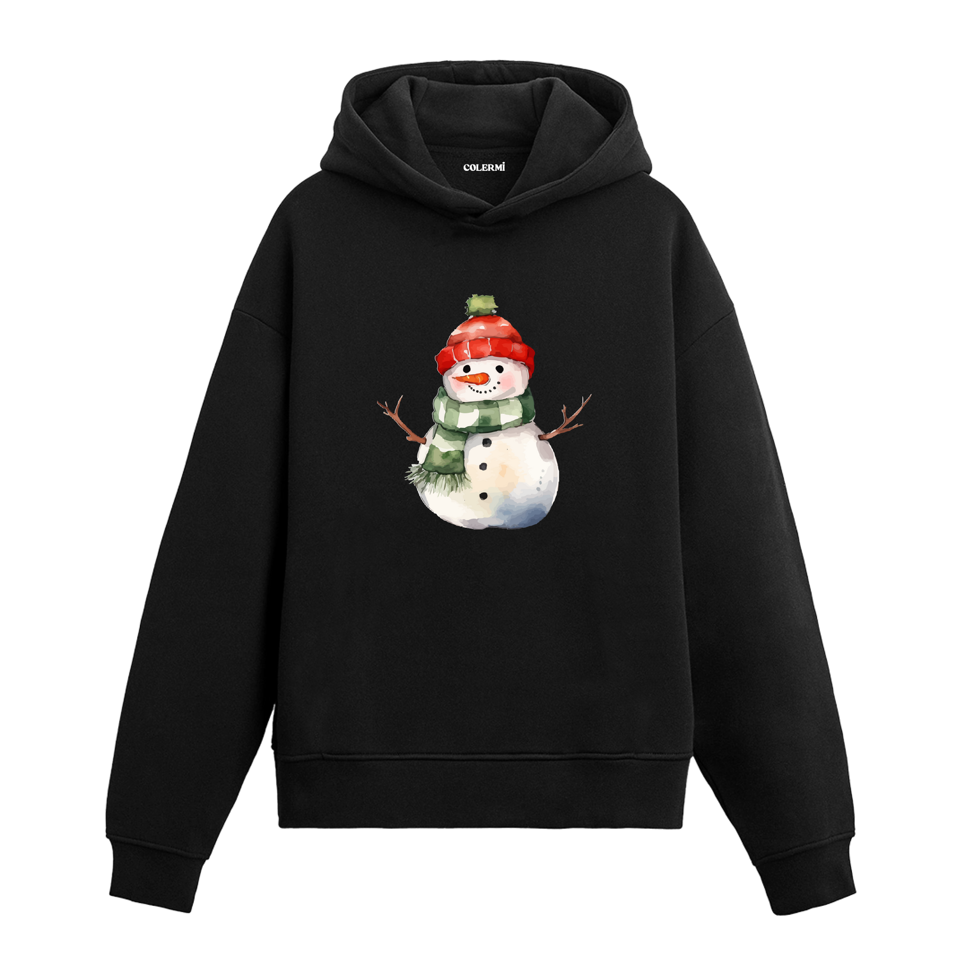 Siyah hoodie, kırmızı bere ve yeşil atkılı kardan adam baskısı, pamuklu unisex hoodie