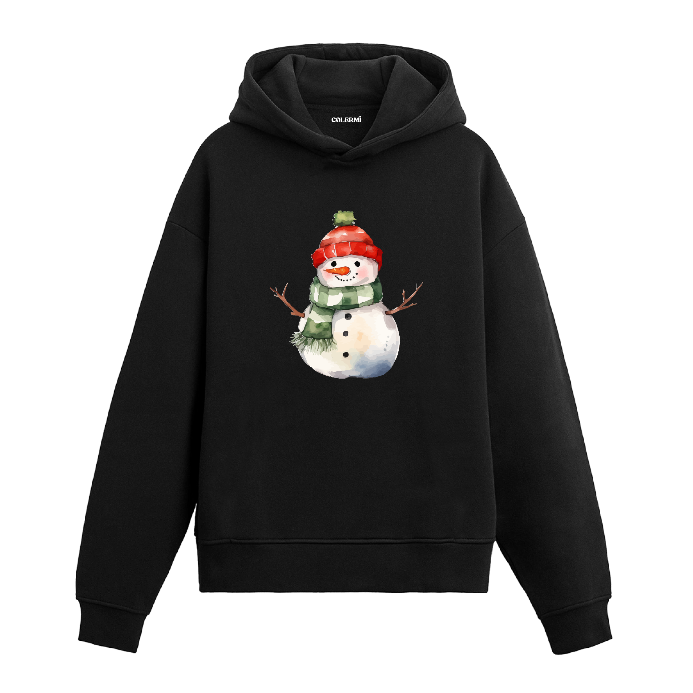 Siyah hoodie, kırmızı bere ve yeşil atkılı kardan adam baskısı, pamuklu unisex hoodie