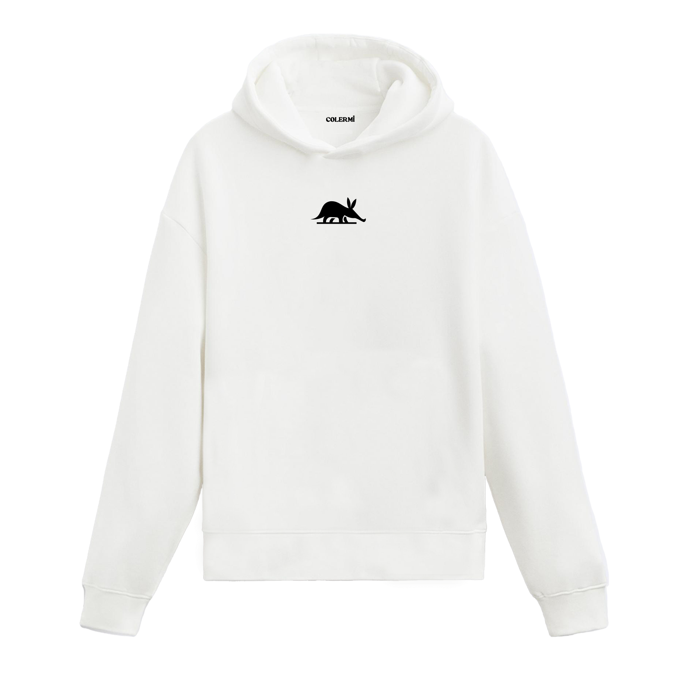 Beyaz hoodie, sade karınca yiyen baskısı, %100 pamuk unisex hoodie