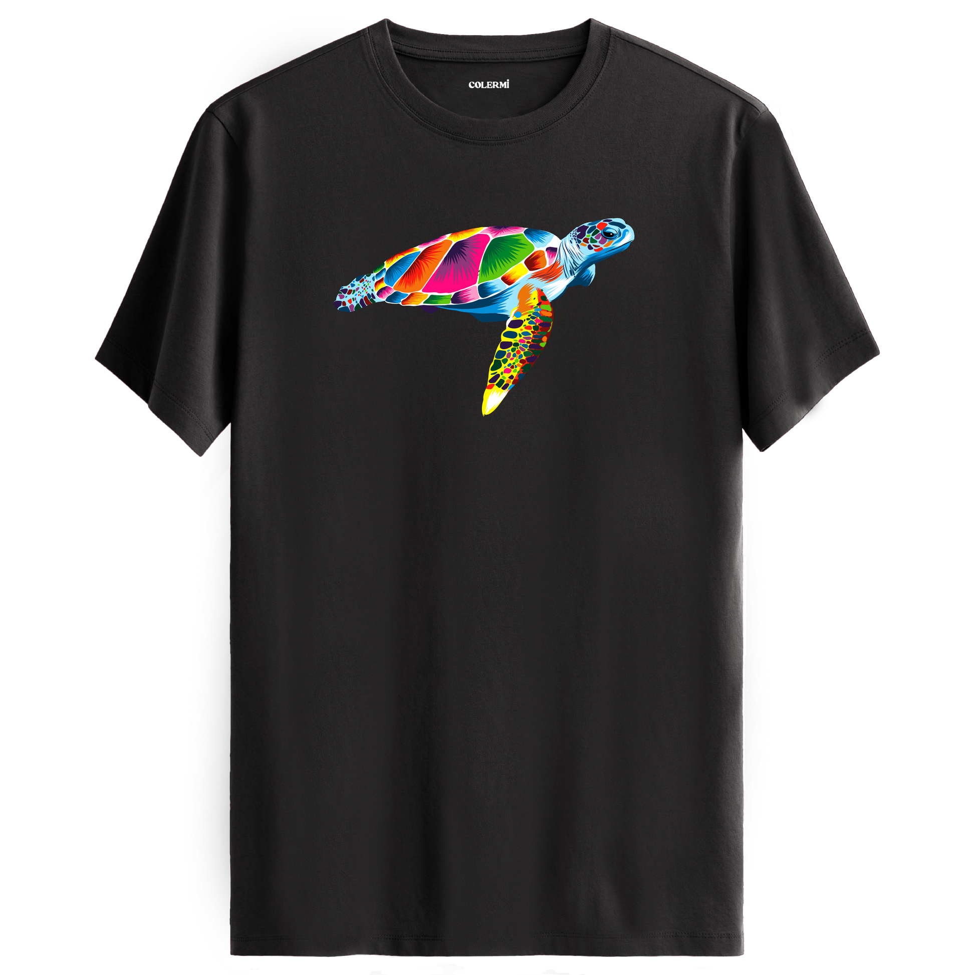 Antrasit tişört üzerinde renkli Kaya deniz kaplumbağası tasarımı