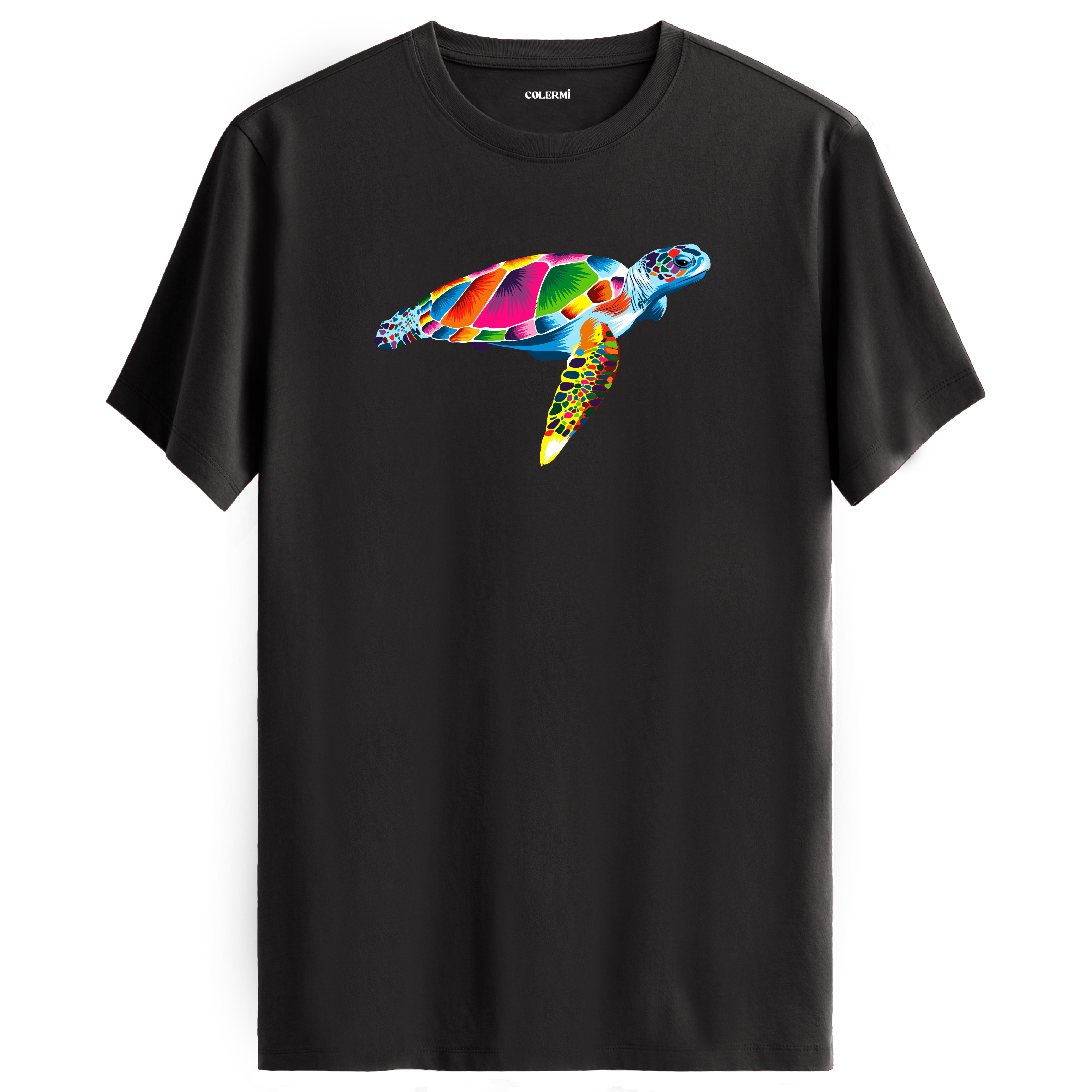 Antrasit tişört üzerinde renkli Kaya deniz kaplumbağası tasarımı