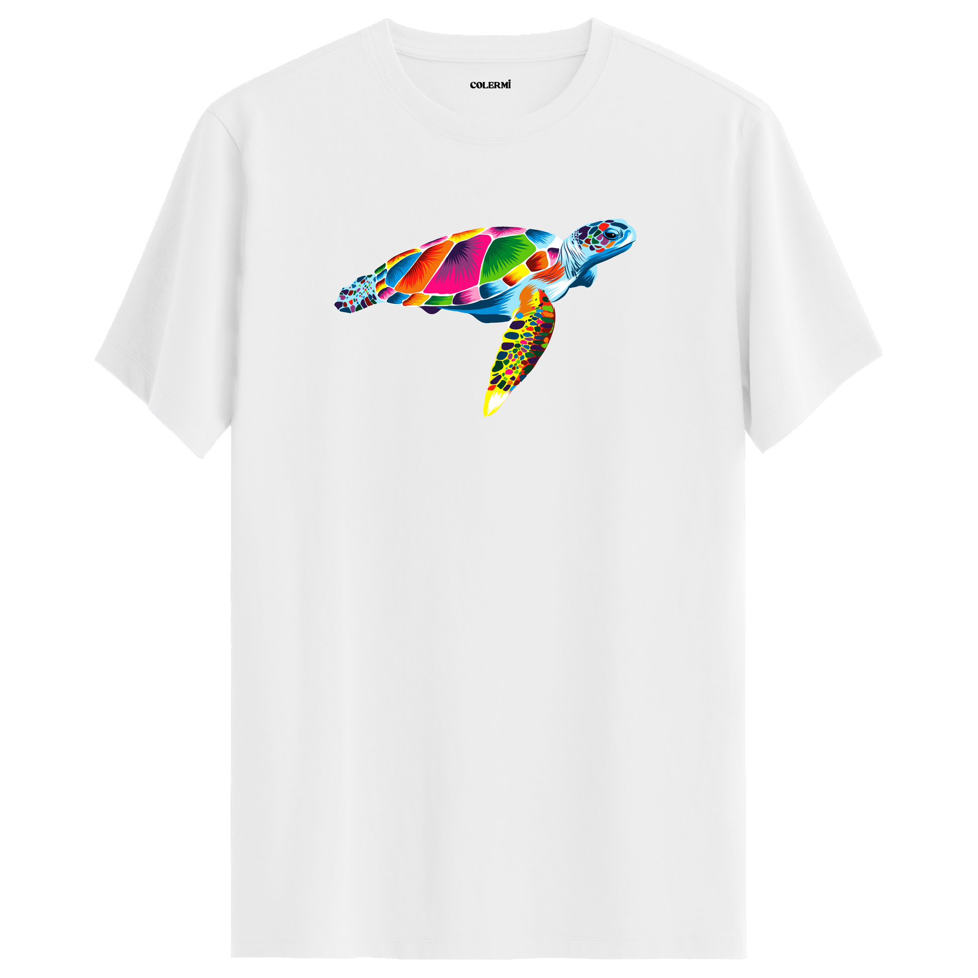 Beyaz tişört üzerinde renkli Kaya deniz kaplumbağası tasarımı