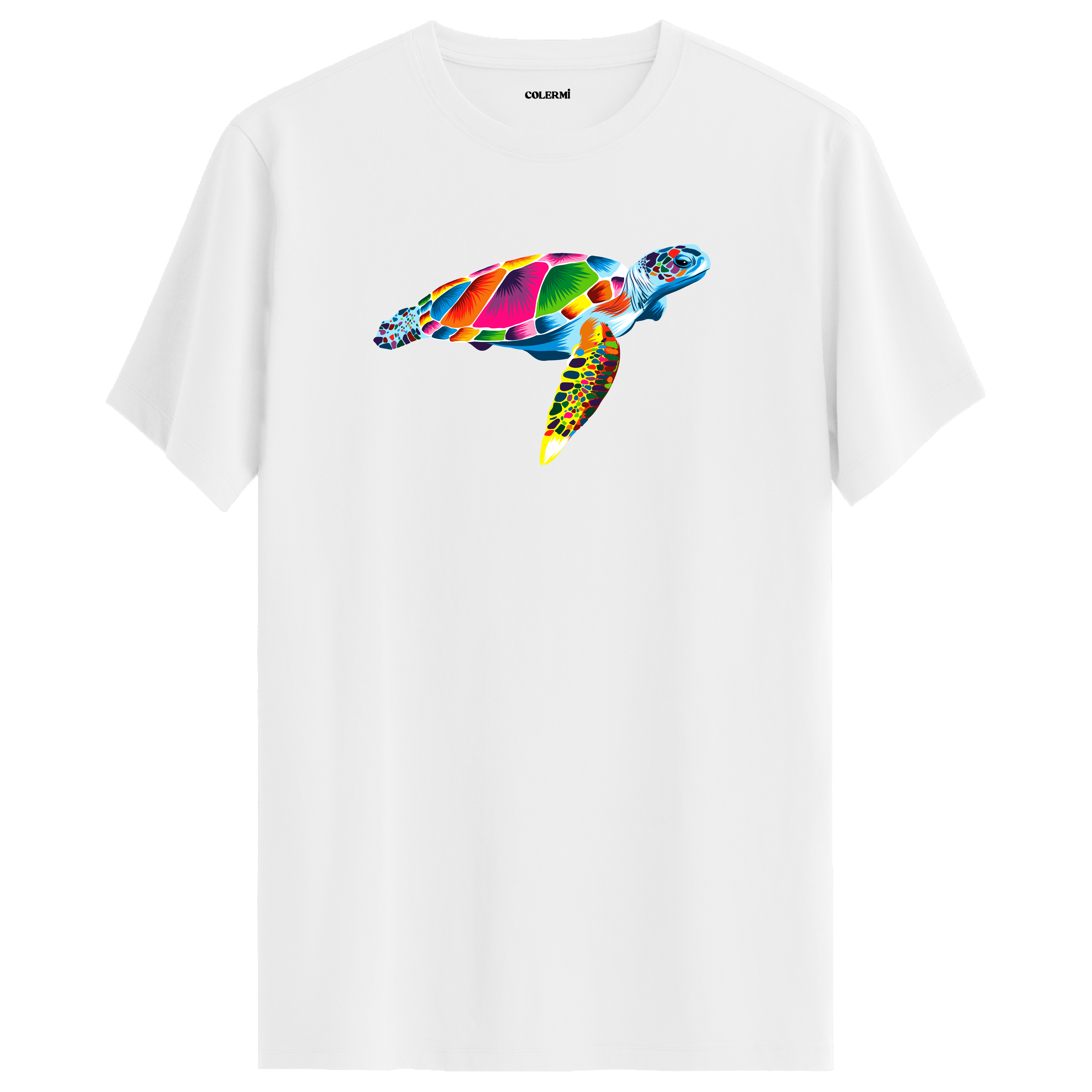Beyaz tişört üzerinde renkli Kaya deniz kaplumbağası tasarımı