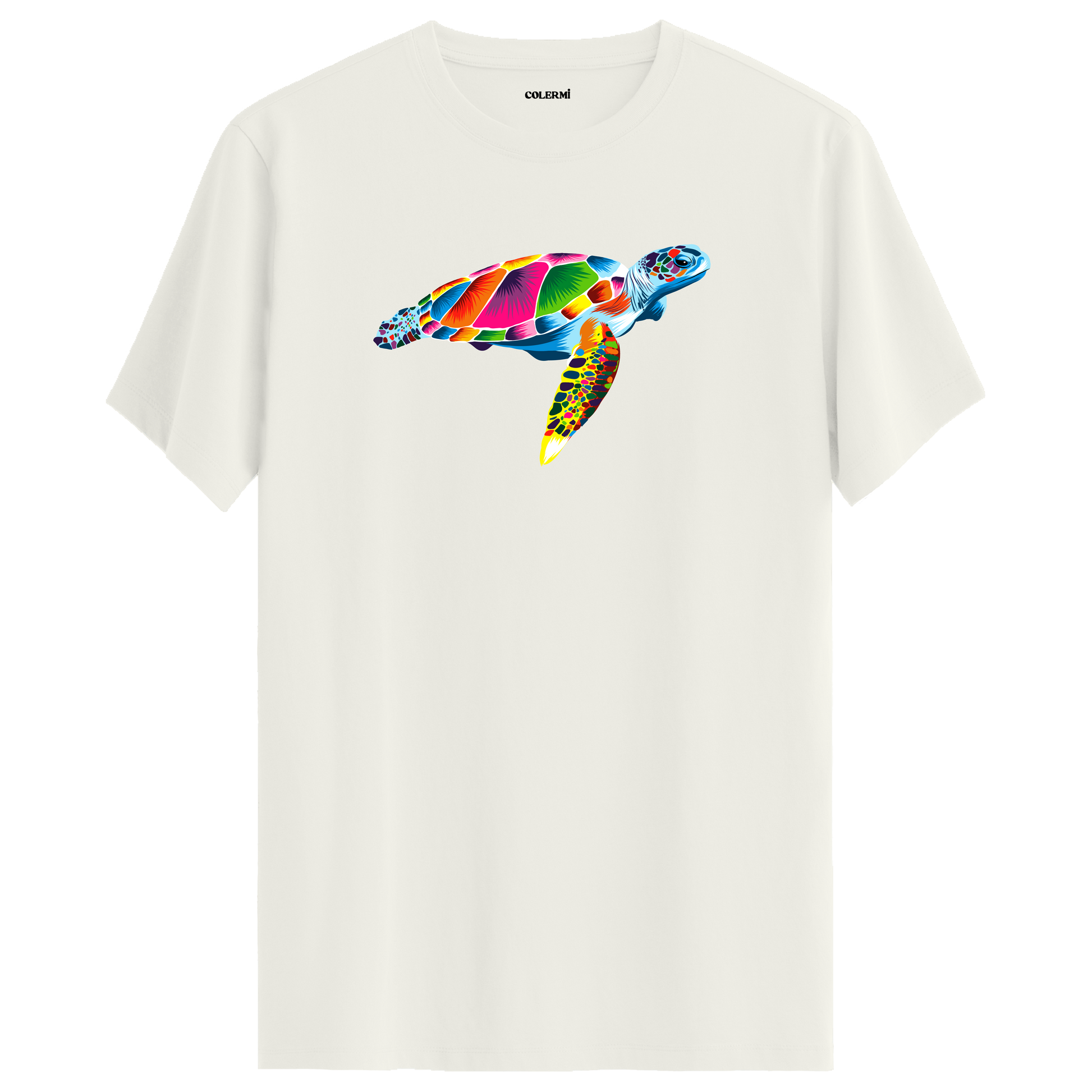 Ekru tişört üzerinde renkli Kaya deniz kaplumbağası tasarımı