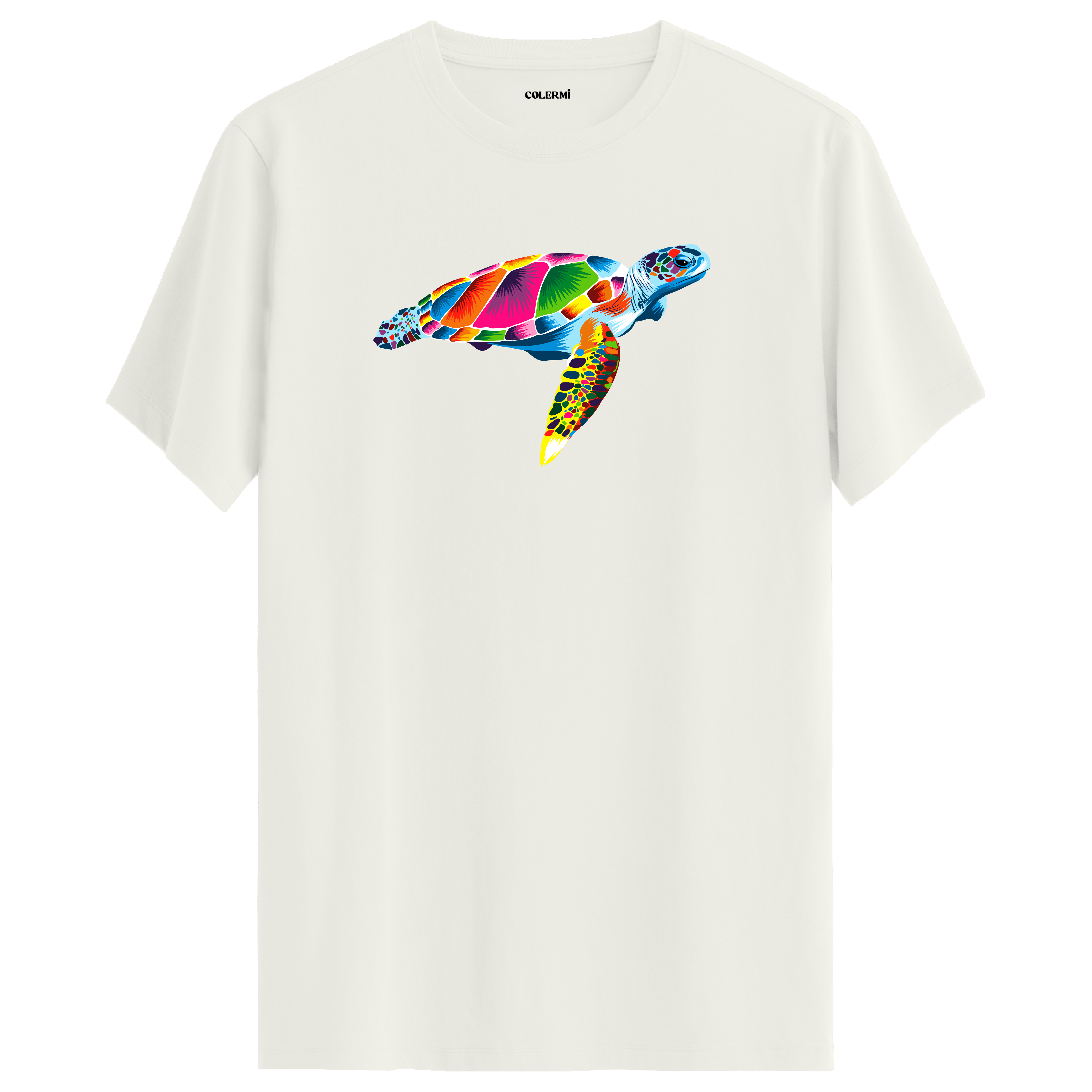 Ekru tişört üzerinde renkli Kaya deniz kaplumbağası tasarımı