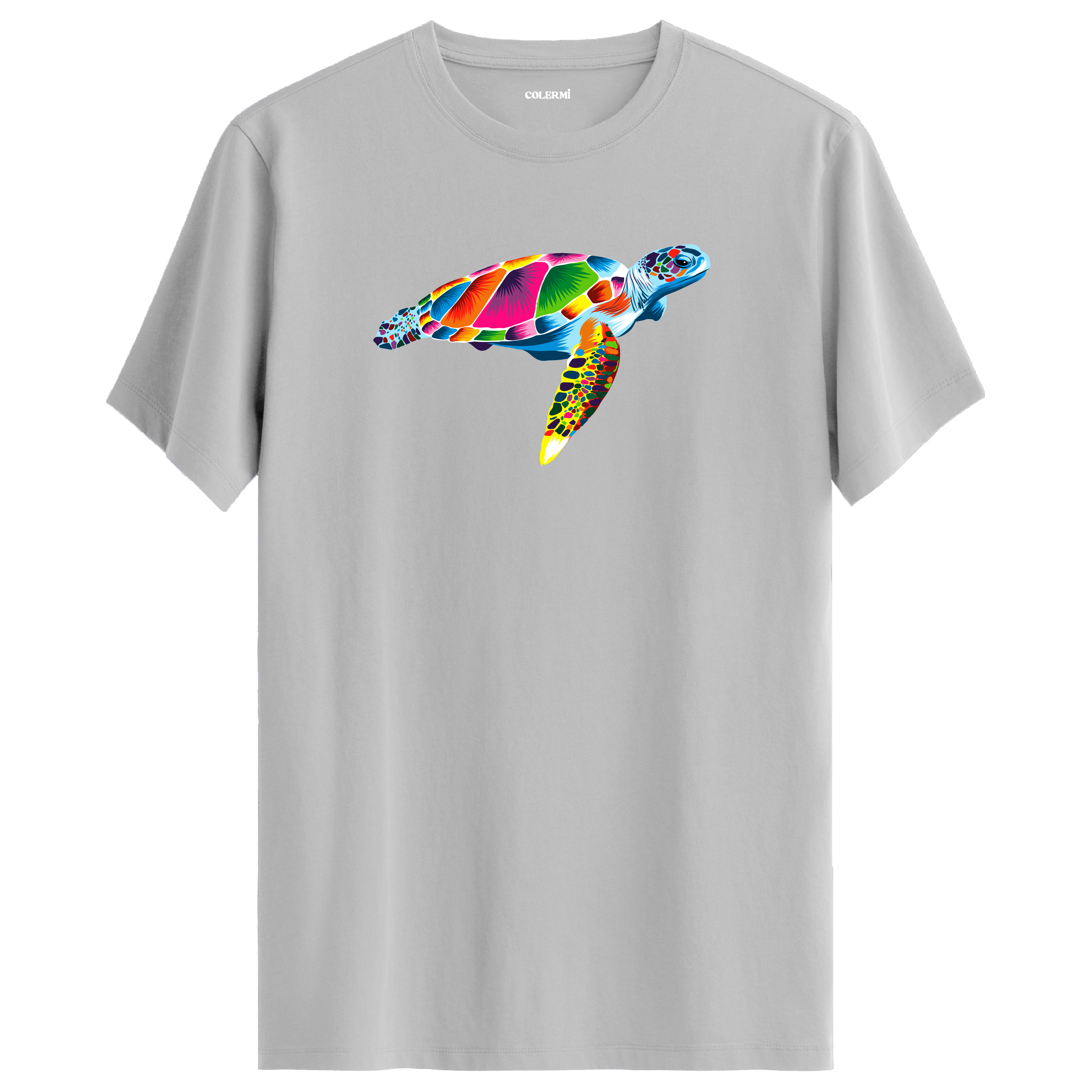 Gri tişört üzerinde renkli Kaya deniz kaplumbağası tasarımı