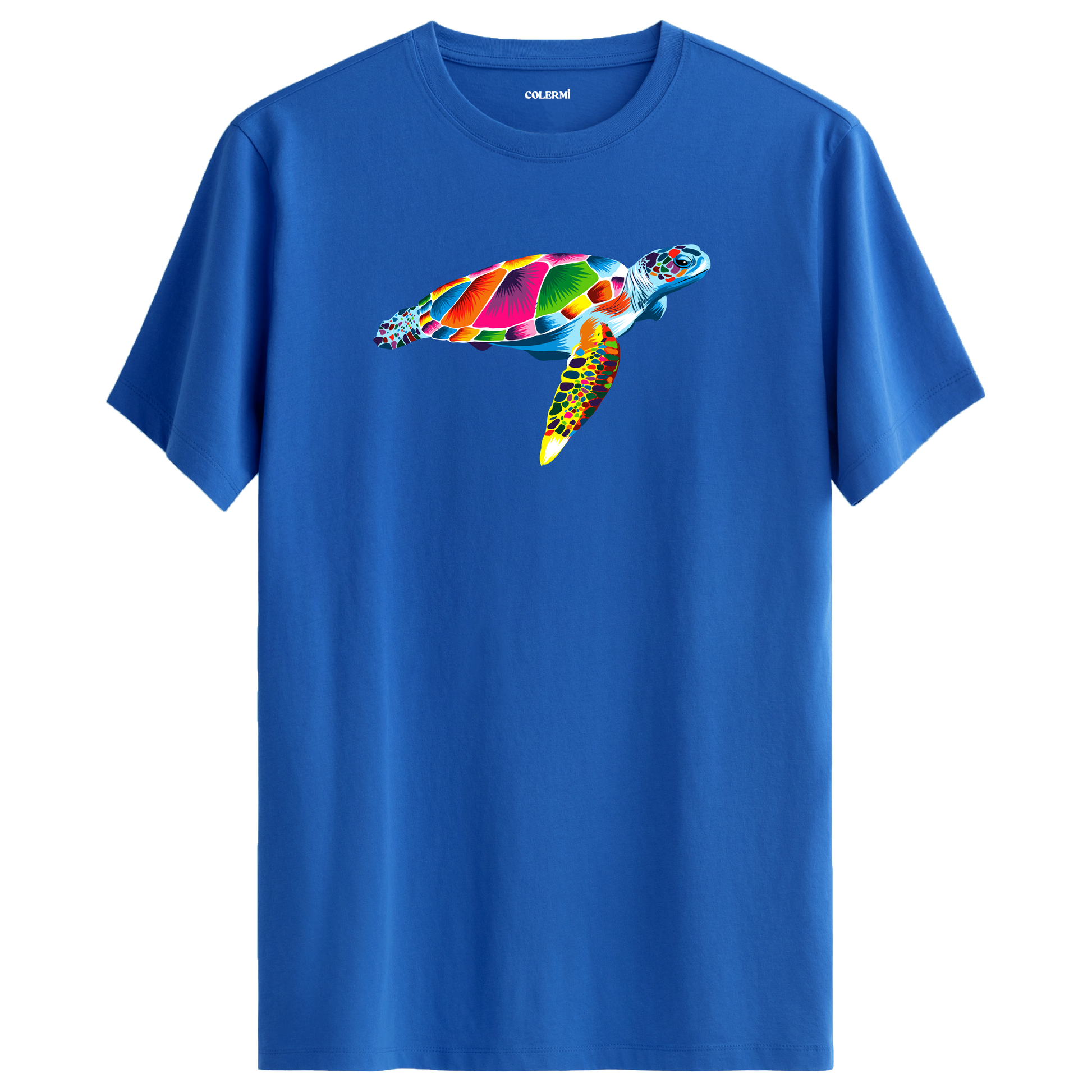 Mavi tişört üzerinde renkli Kaya deniz kaplumbağası tasarımı