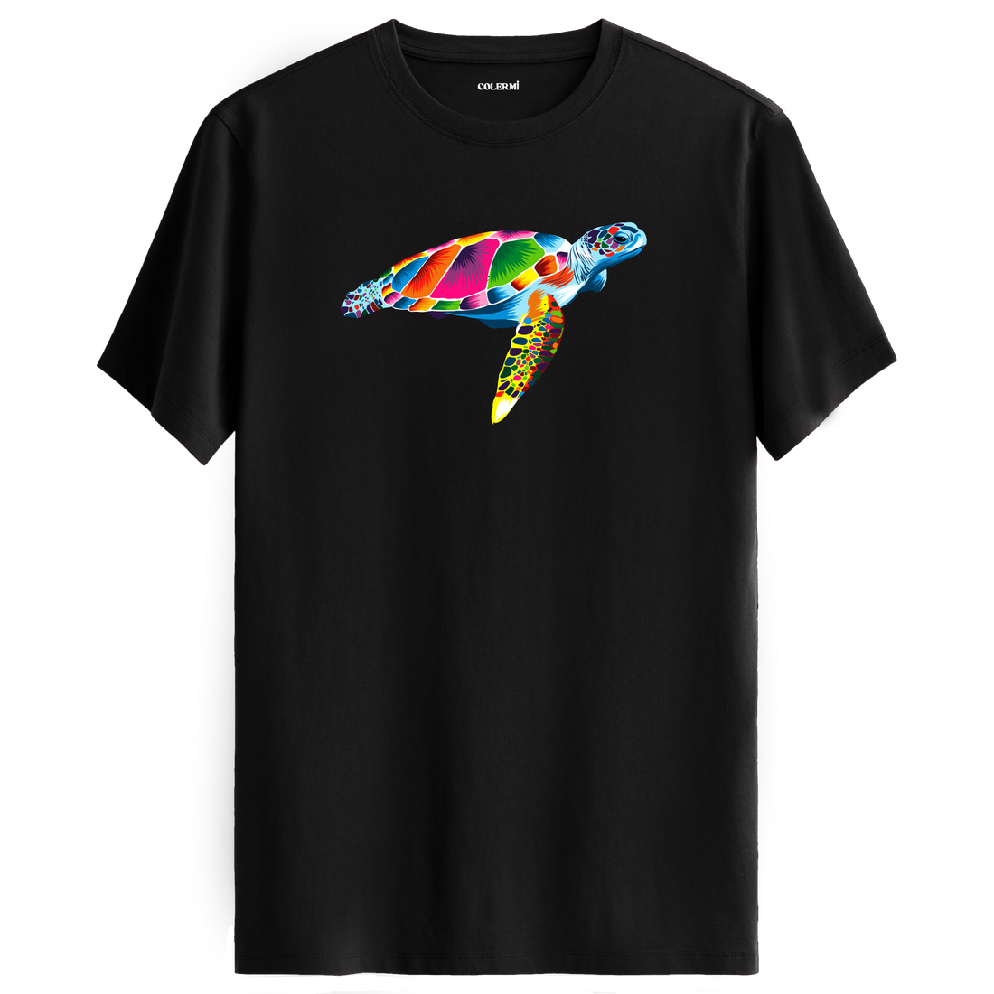 Siyah tişört üzerinde renkli Kaya deniz kaplumbağası tasarımı