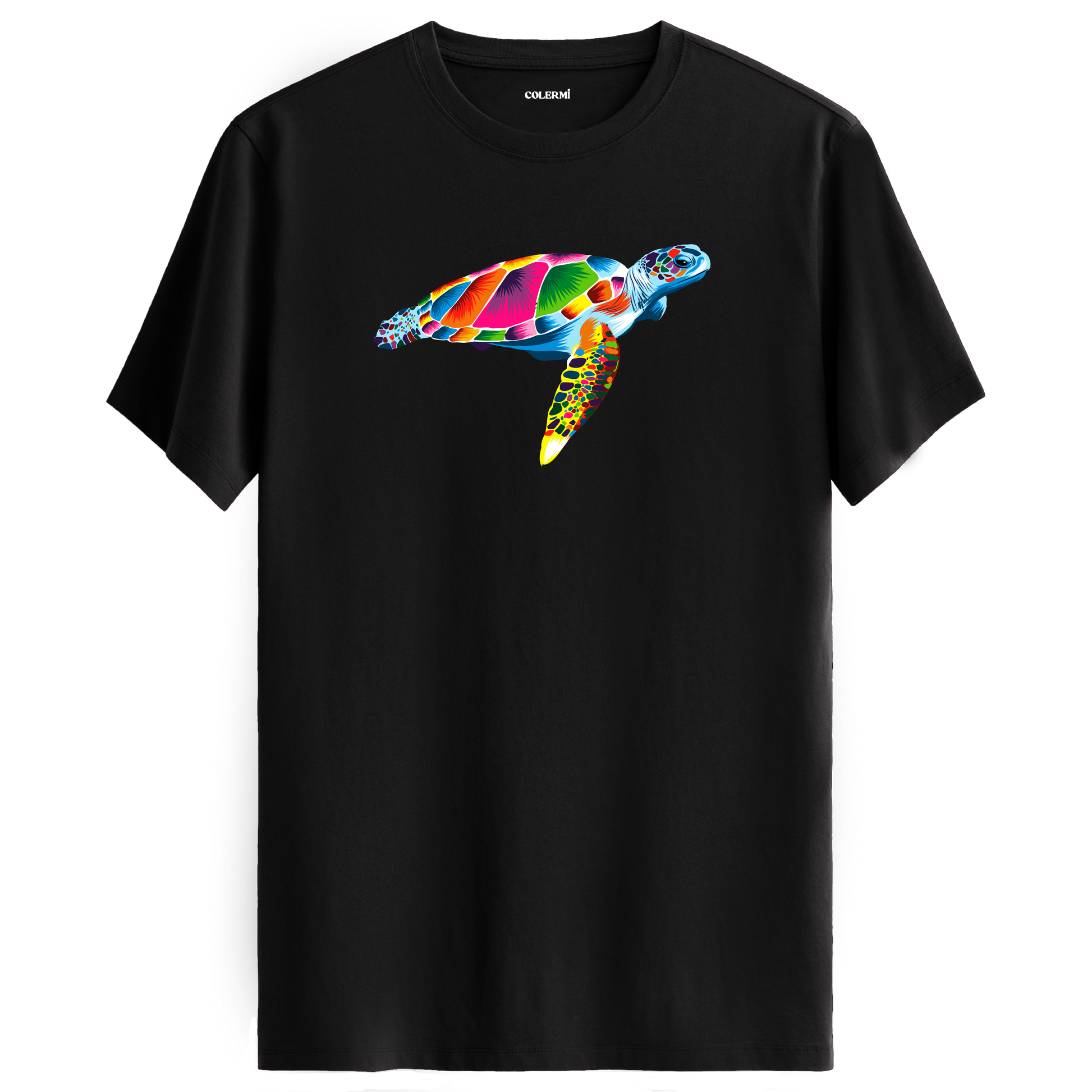 Siyah tişört üzerinde renkli Kaya deniz kaplumbağası tasarımı