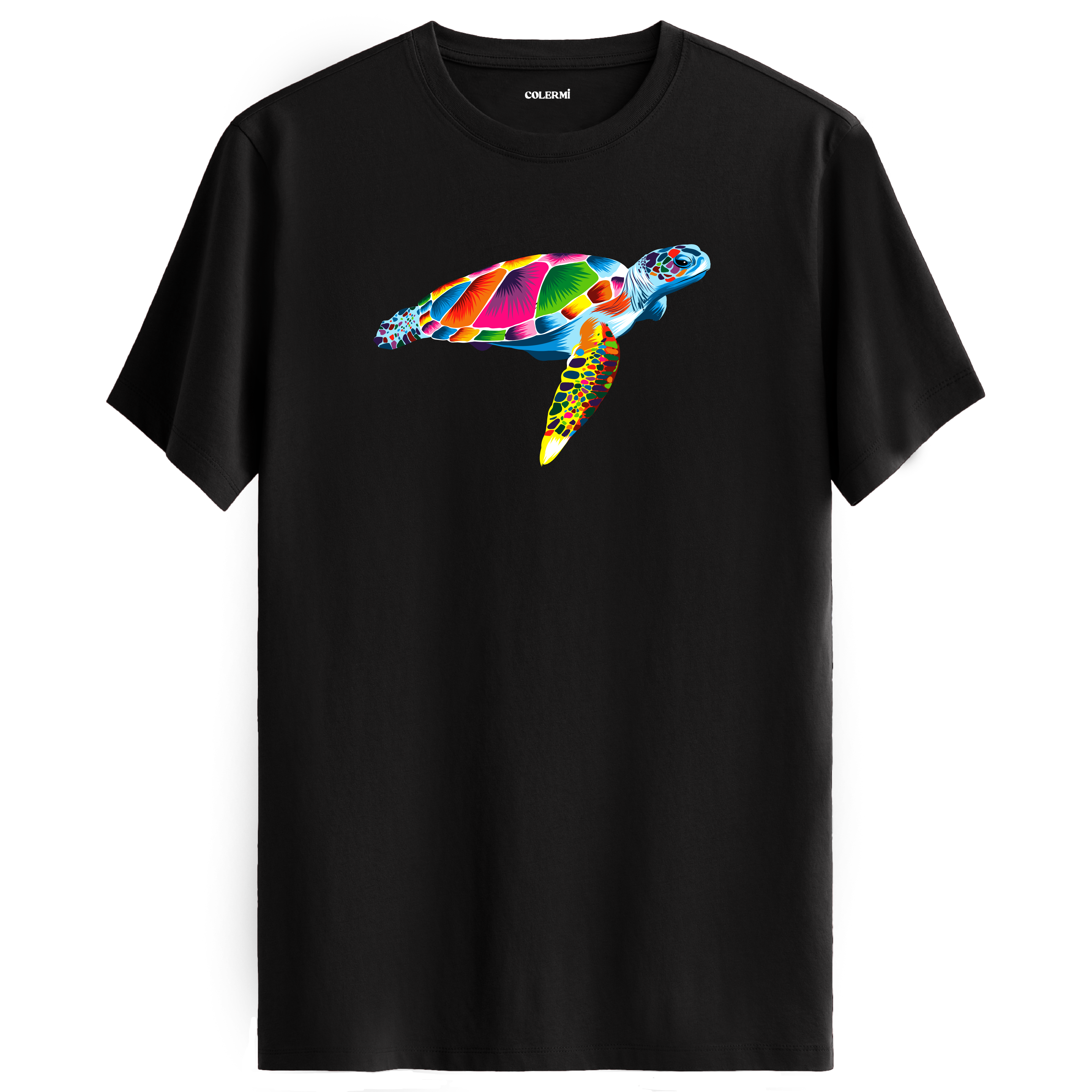 Siyah tişört üzerinde renkli Kaya deniz kaplumbağası tasarımı