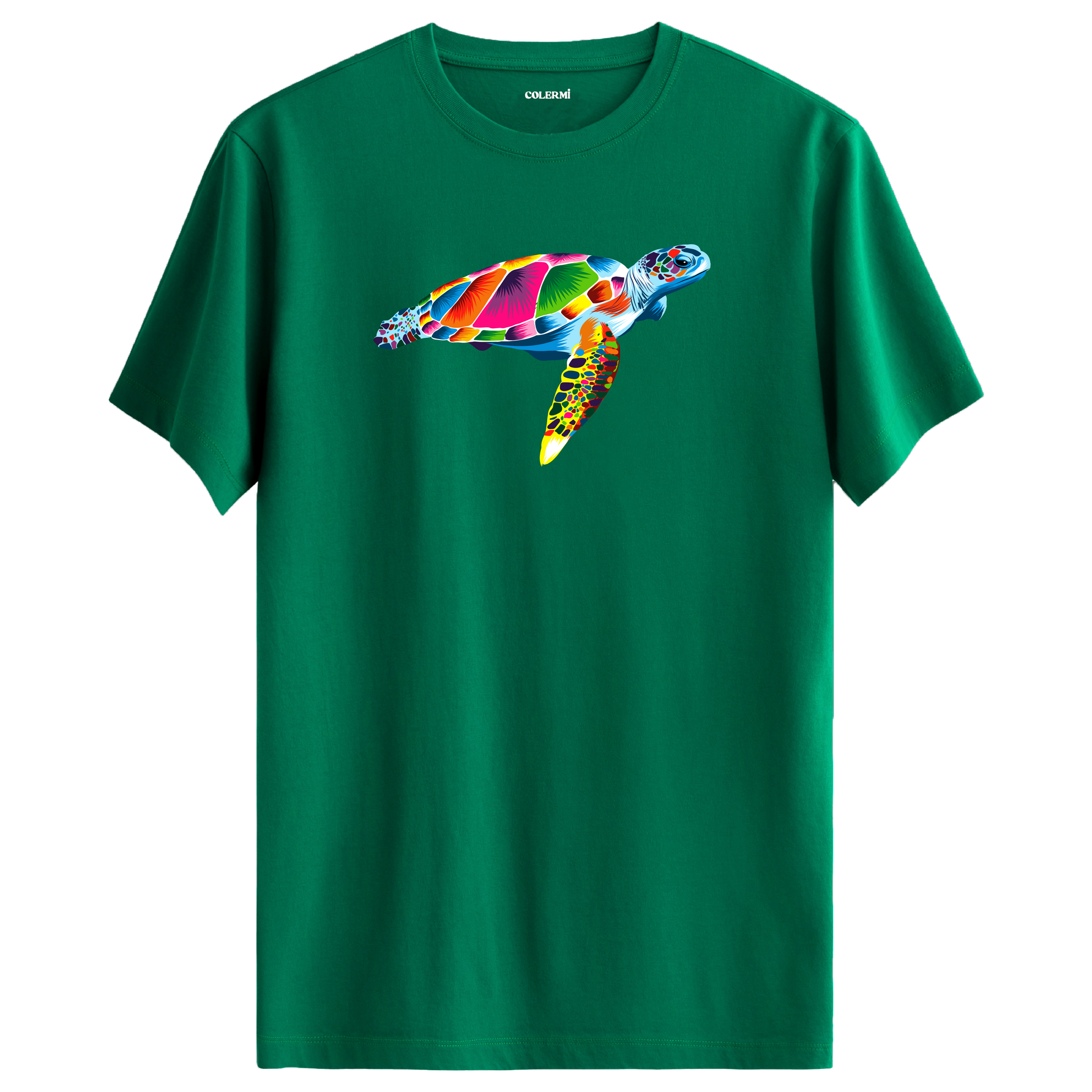 Yeşil tişört üzerinde renkli Kaya deniz kaplumbağası tasarımı