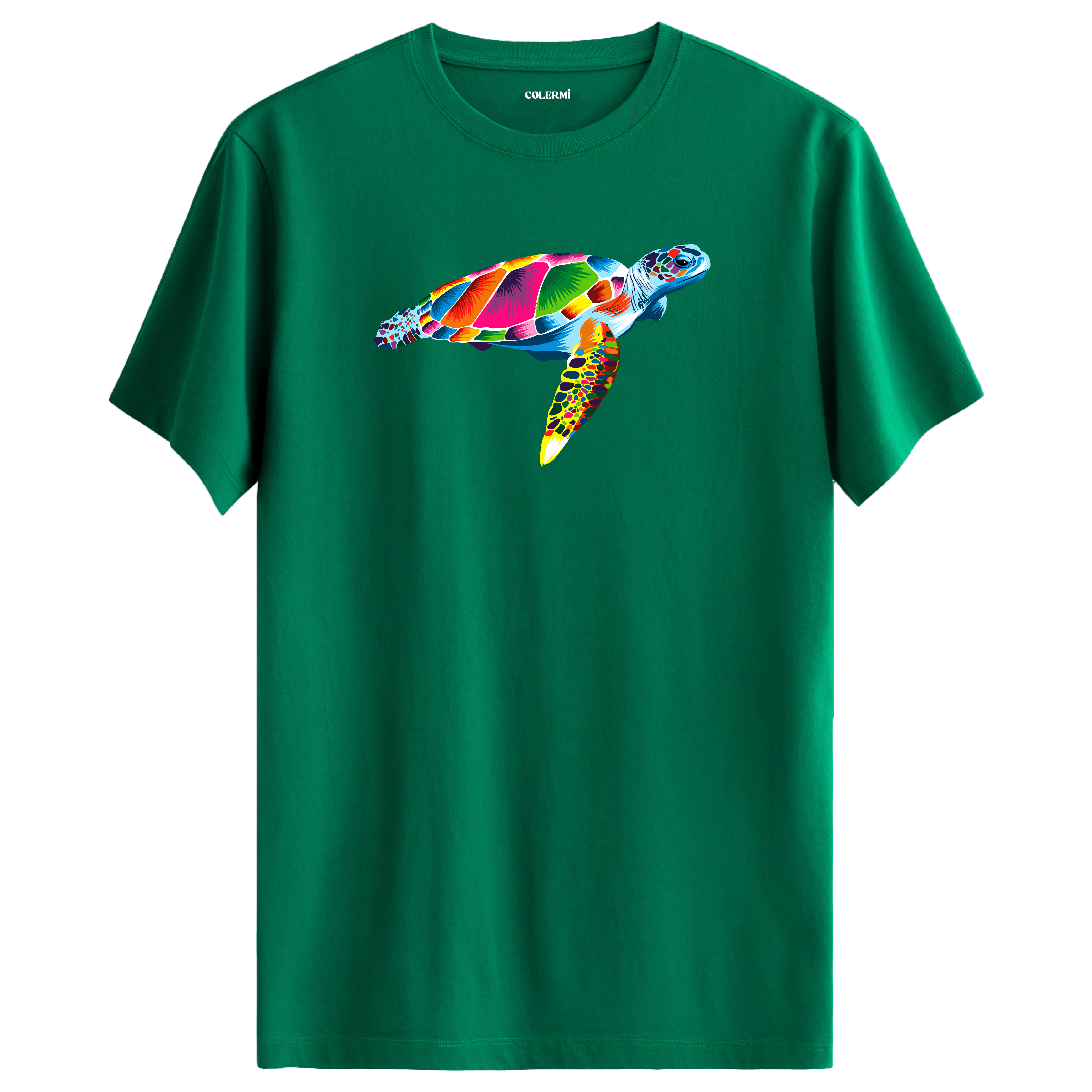 Yeşil tişört üzerinde renkli Kaya deniz kaplumbağası tasarımı