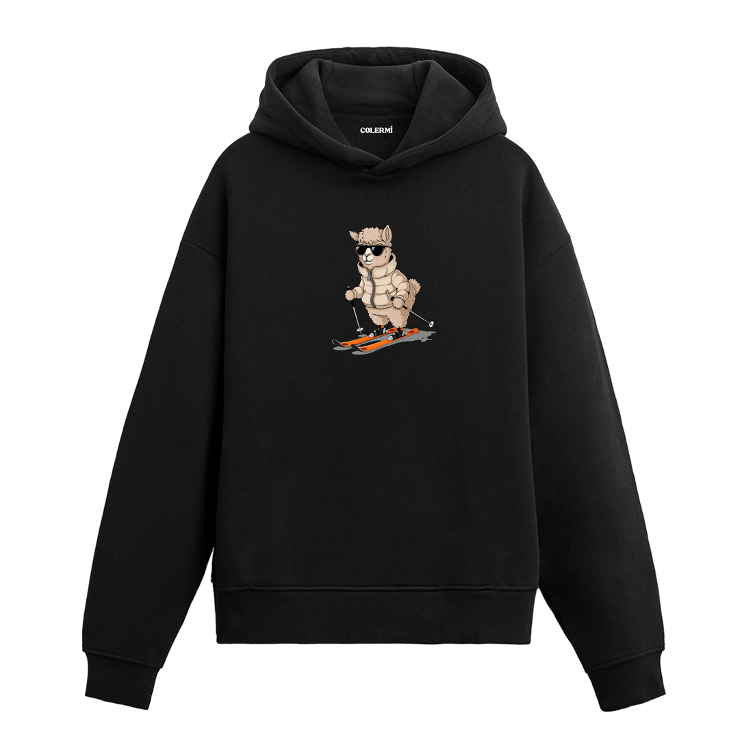 Kayak yapan lama baskılı hoodie – eğlenceli kış temalı tasarım