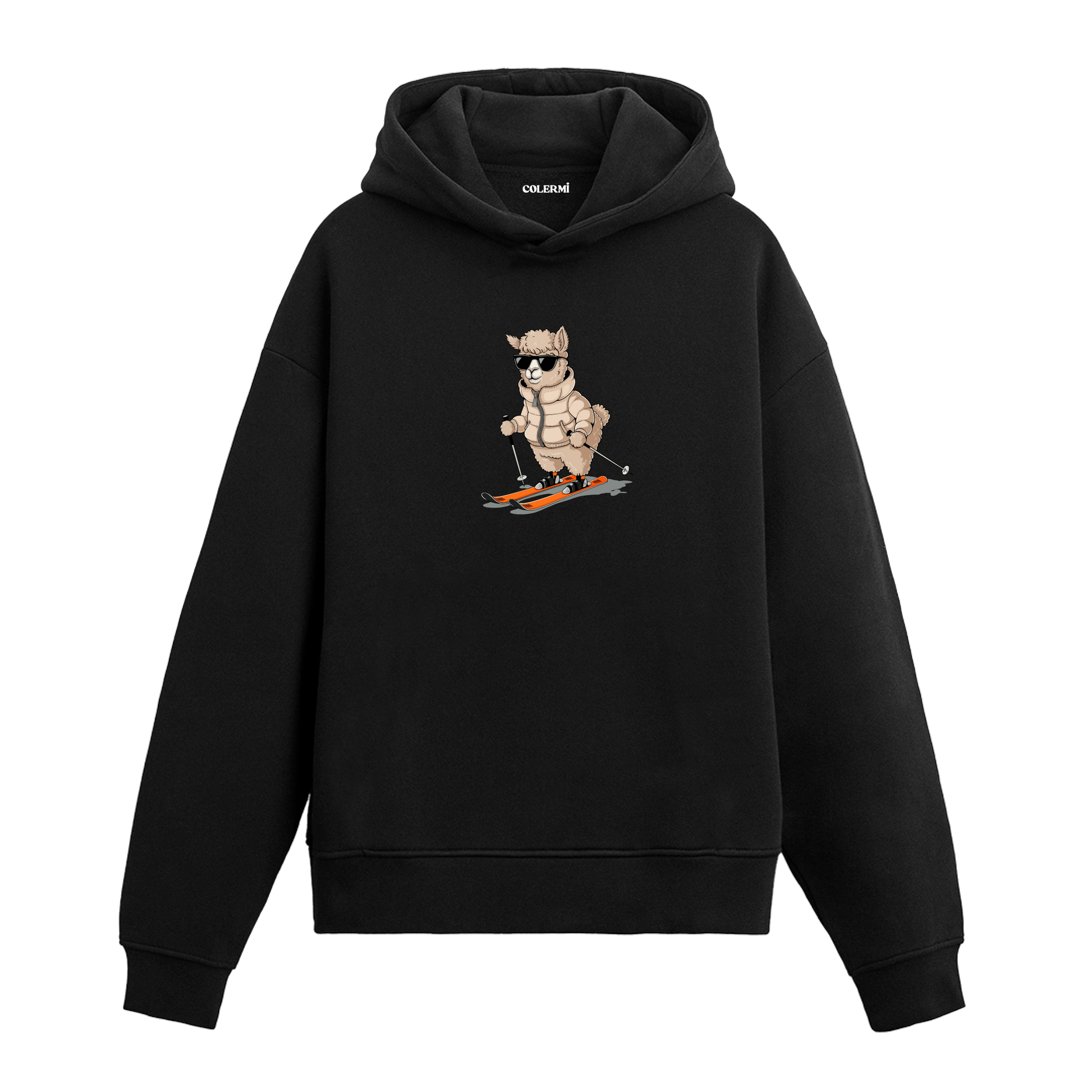 Kayak yapan lama baskılı hoodie – eğlenceli kış temalı tasarım