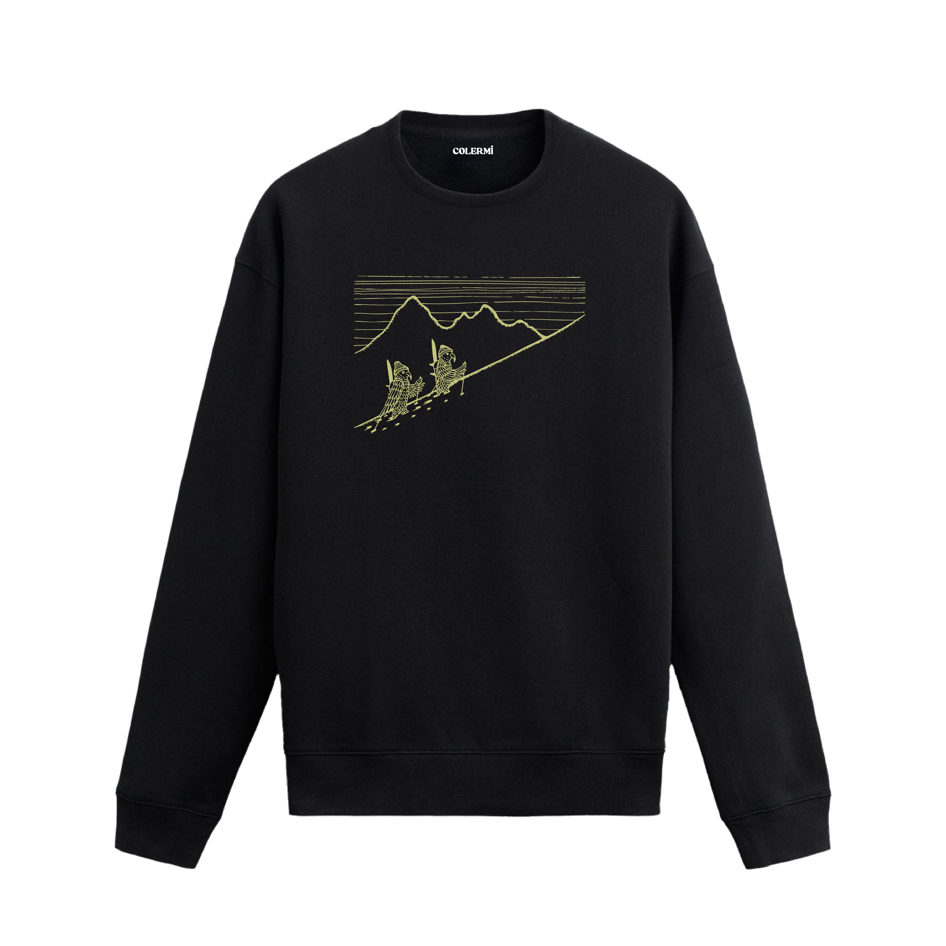 Kayaklarını sırtına alarak dağa tırmanan iki papağan figürlü Colermi sweatshirt.