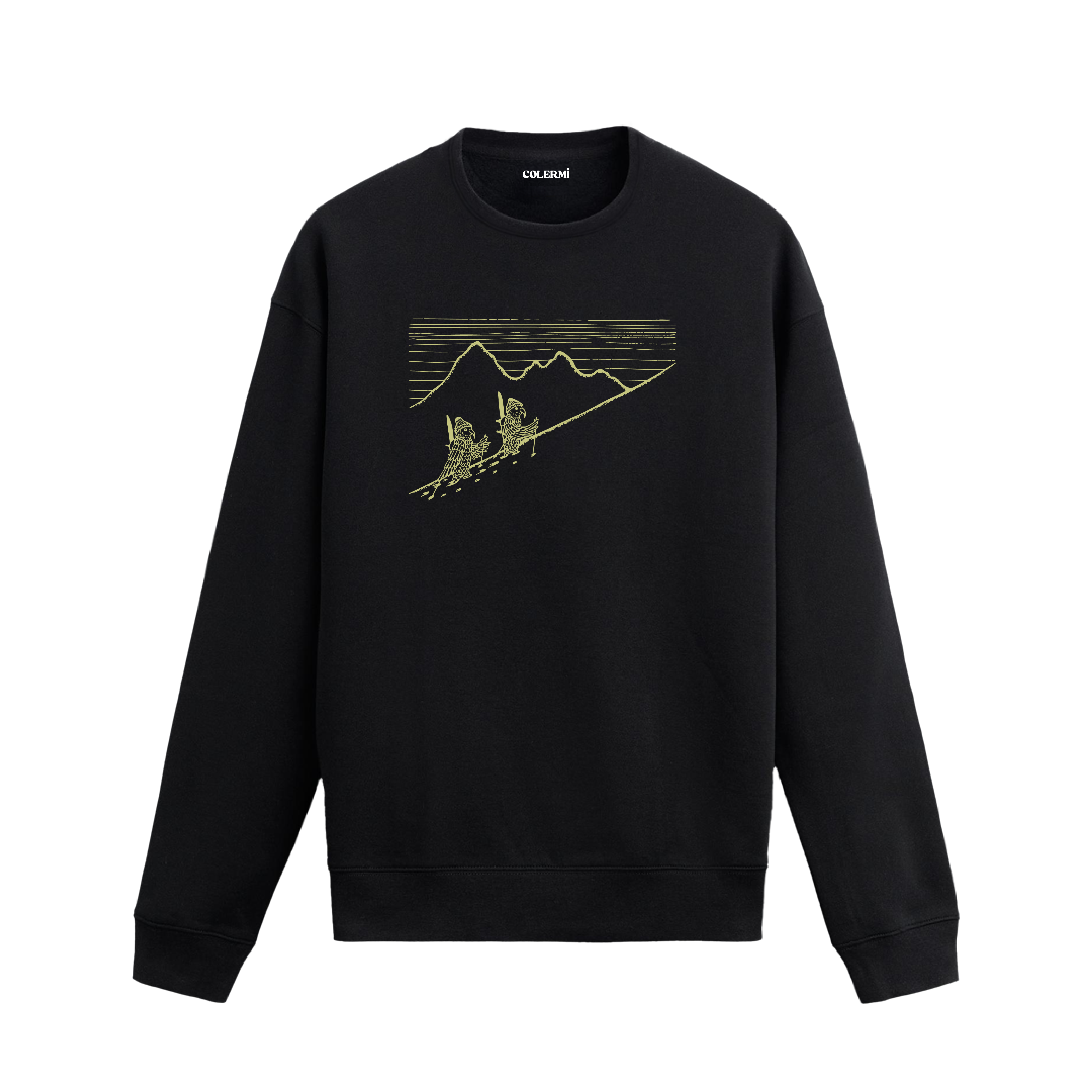Kayaklarını sırtına alarak dağa tırmanan iki papağan figürlü Colermi sweatshirt.