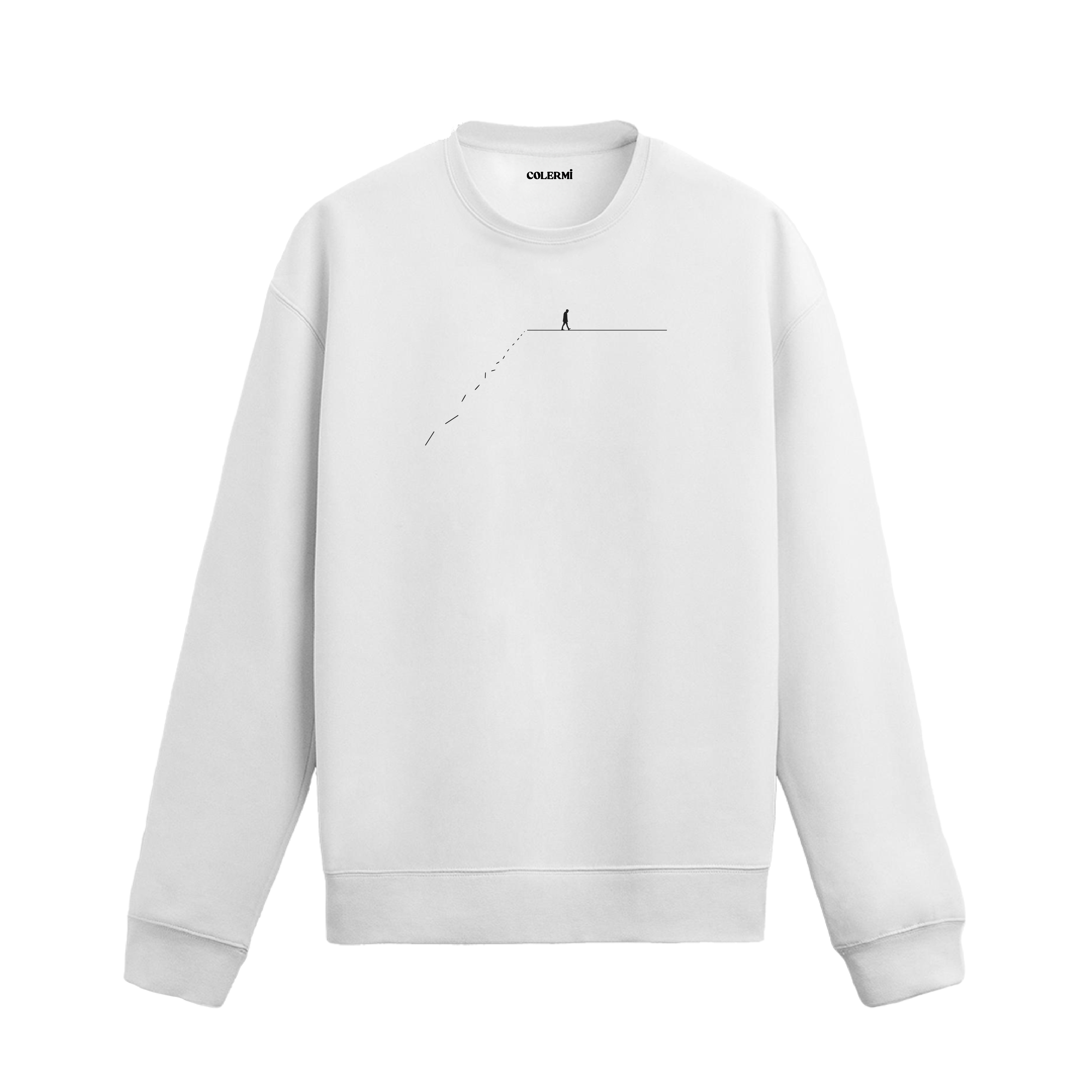 Minimalist çizgide yürüyen insan figürü ve kaybolan izler ile tasarlanmış sweatshirt deseni.