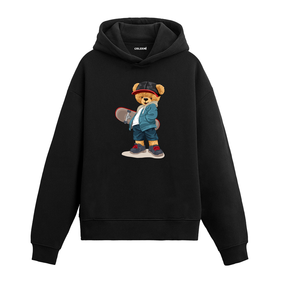 Kaykay tutan ayıcık baskılı hoodie, şehir tarzı ve özgür ruh temalı tasarım.