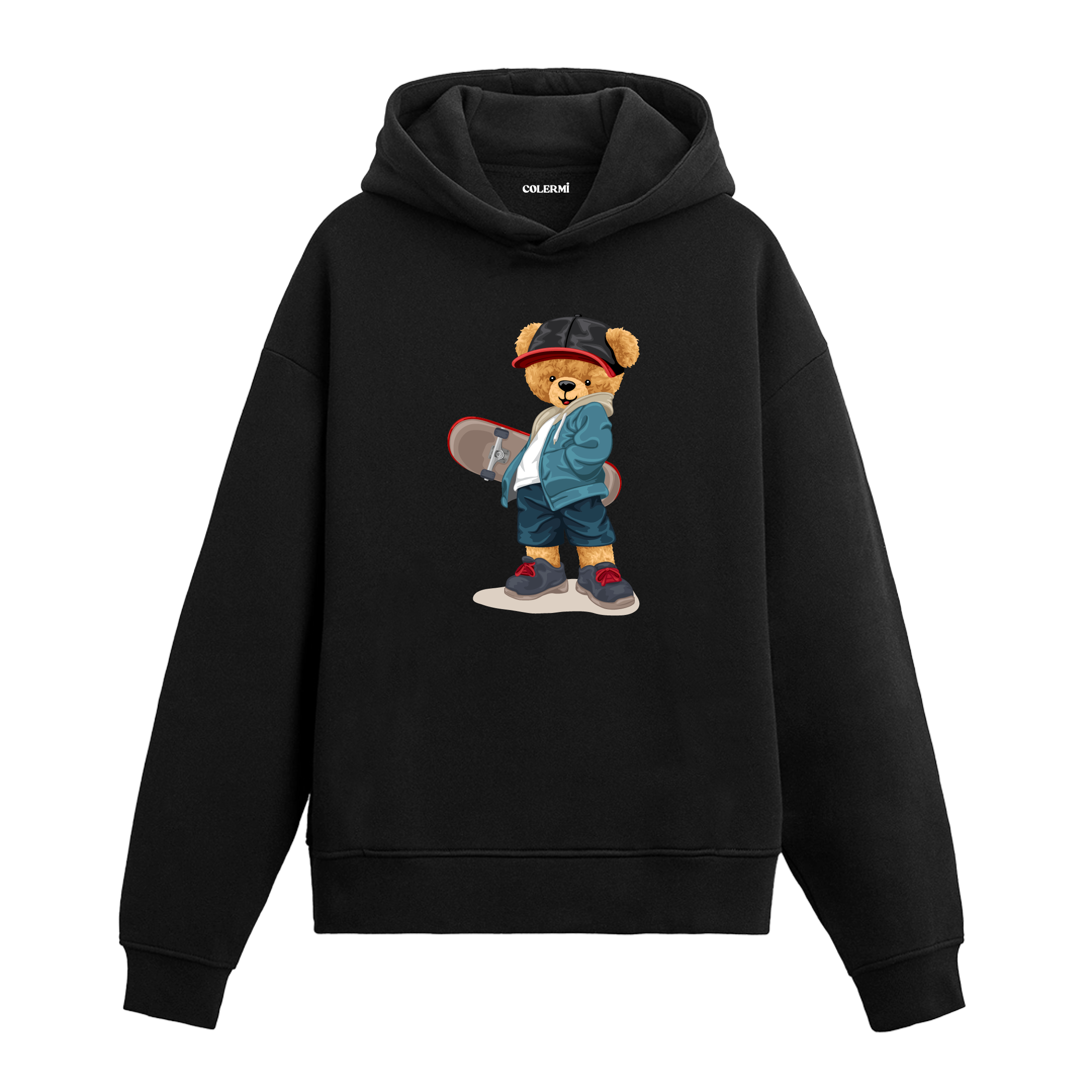 Kaykay tutan ayıcık baskılı hoodie, şehir tarzı ve özgür ruh temalı tasarım.