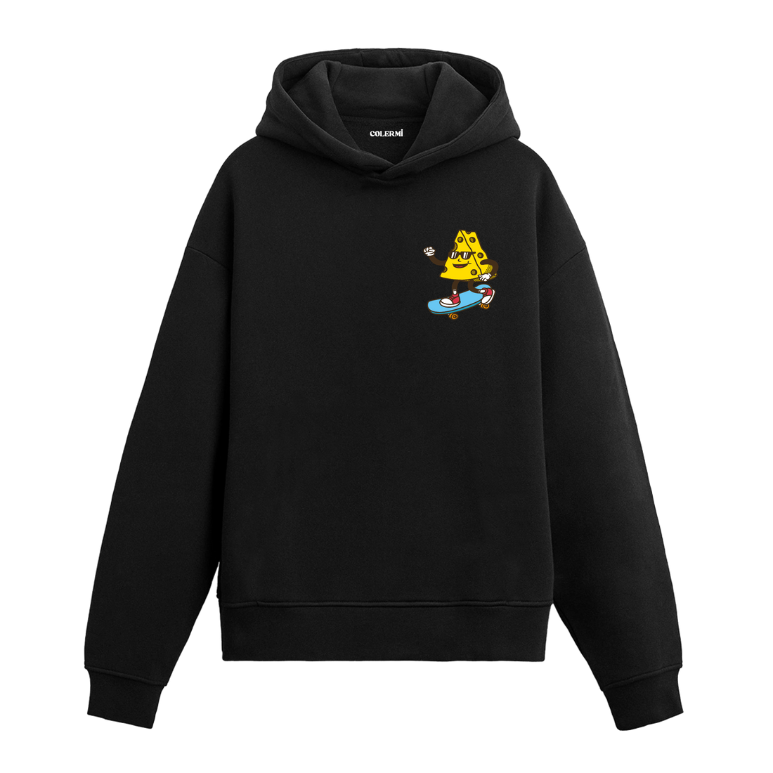 Kaykay süren peynir baskılı hoodie – eğlenceli ve mizahi tasarım
