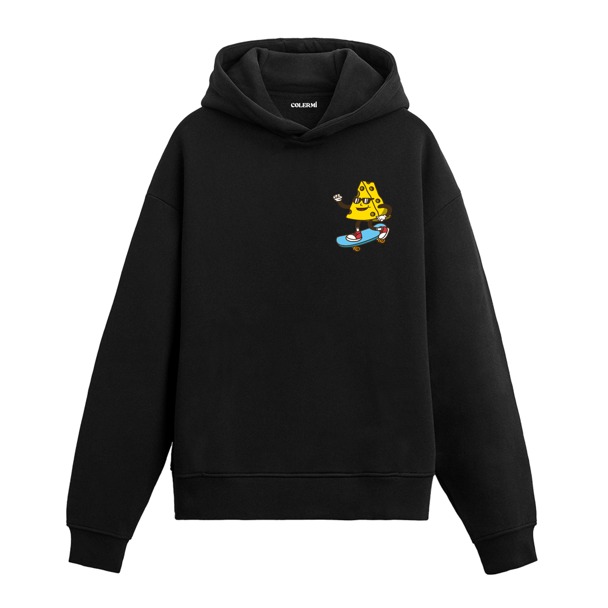 Kaykay süren peynir baskılı hoodie – eğlenceli ve mizahi tasarım