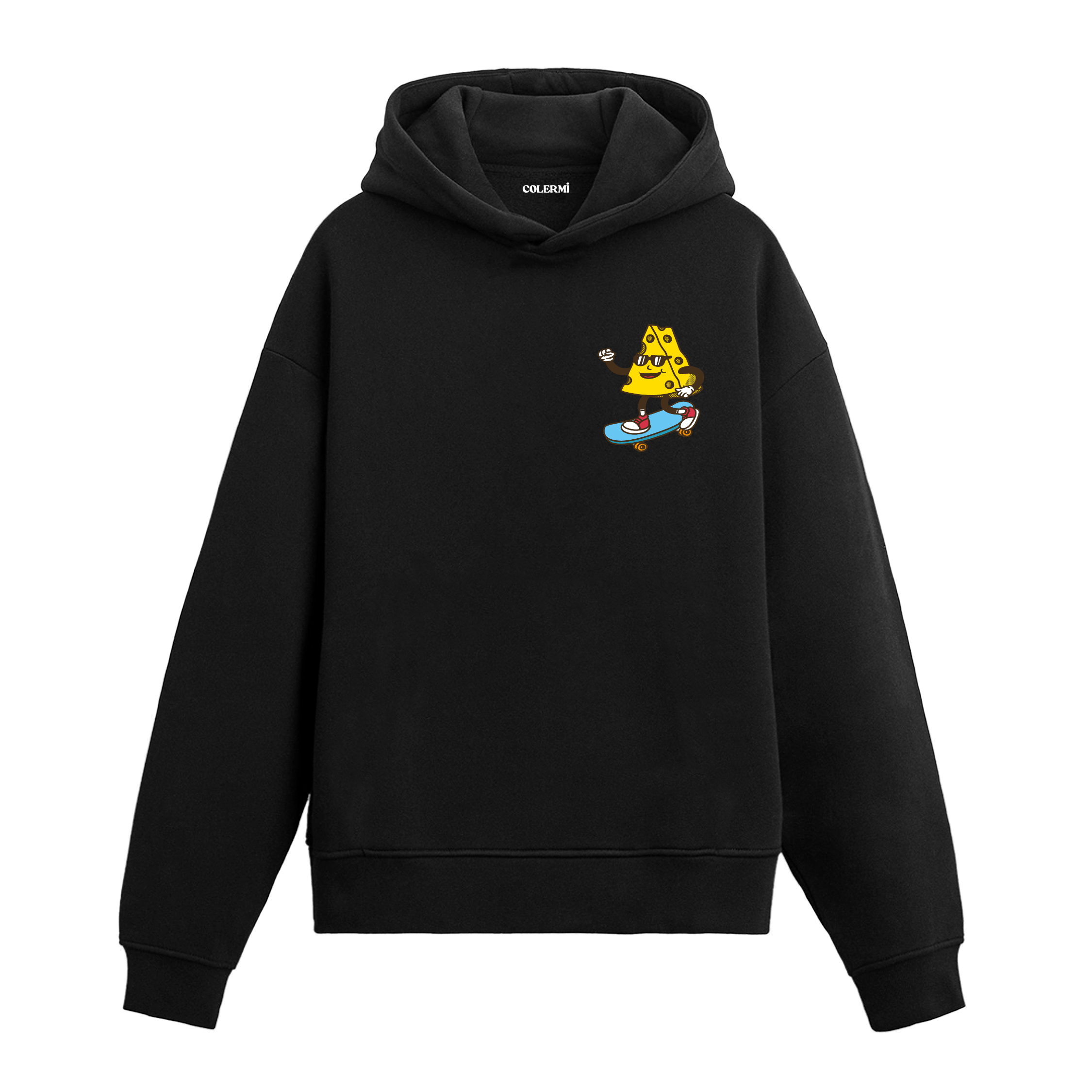 Kaykay süren peynir baskılı hoodie – eğlenceli ve mizahi tasarım