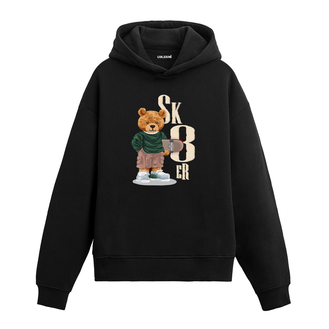 Kaykayını taşıyan, rahat kıyafetler giymiş kaykaycı ayıcık baskılı hoodie tasarımı.