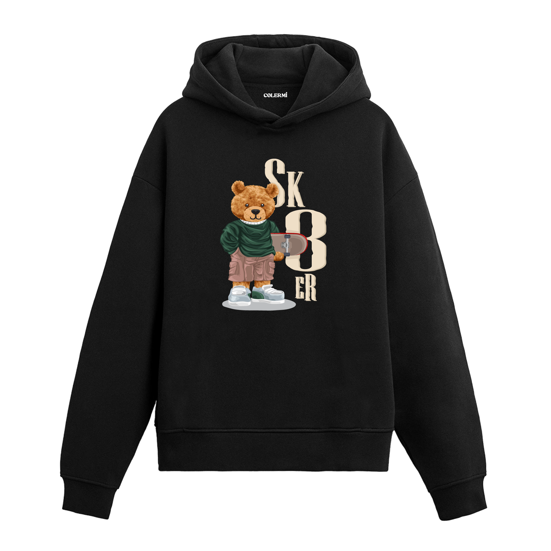 Kaykayını taşıyan, rahat kıyafetler giymiş kaykaycı ayıcık baskılı hoodie tasarımı.